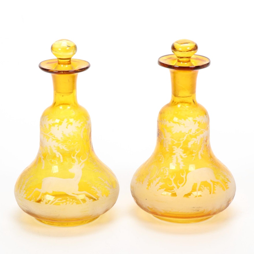 Bohemian Style Yellow Etched to Clear Bottles, 20th Century