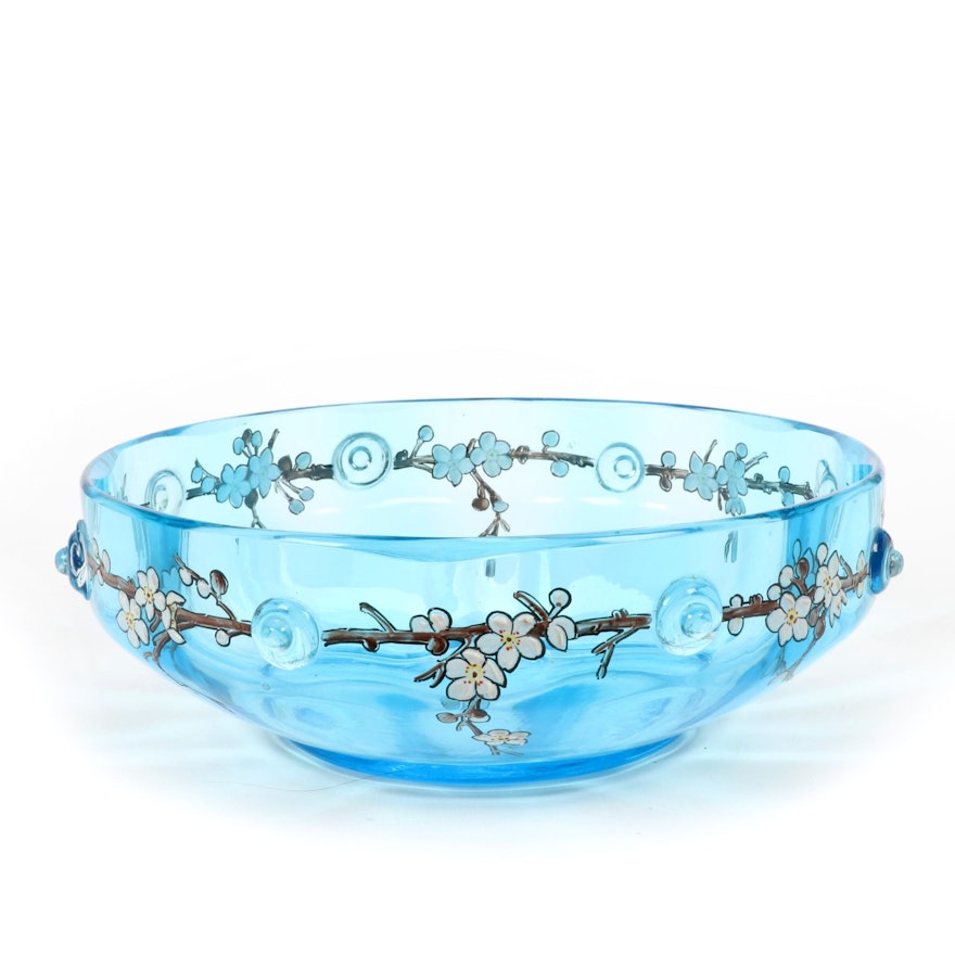 Hand-Painted Blue Glass Bowl with Floral Motif