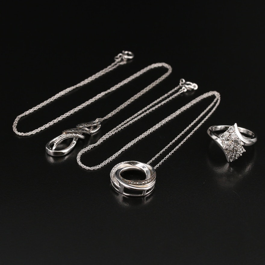 Sterling Diamond Pendant Necklaces and Bypass Cluster Ring