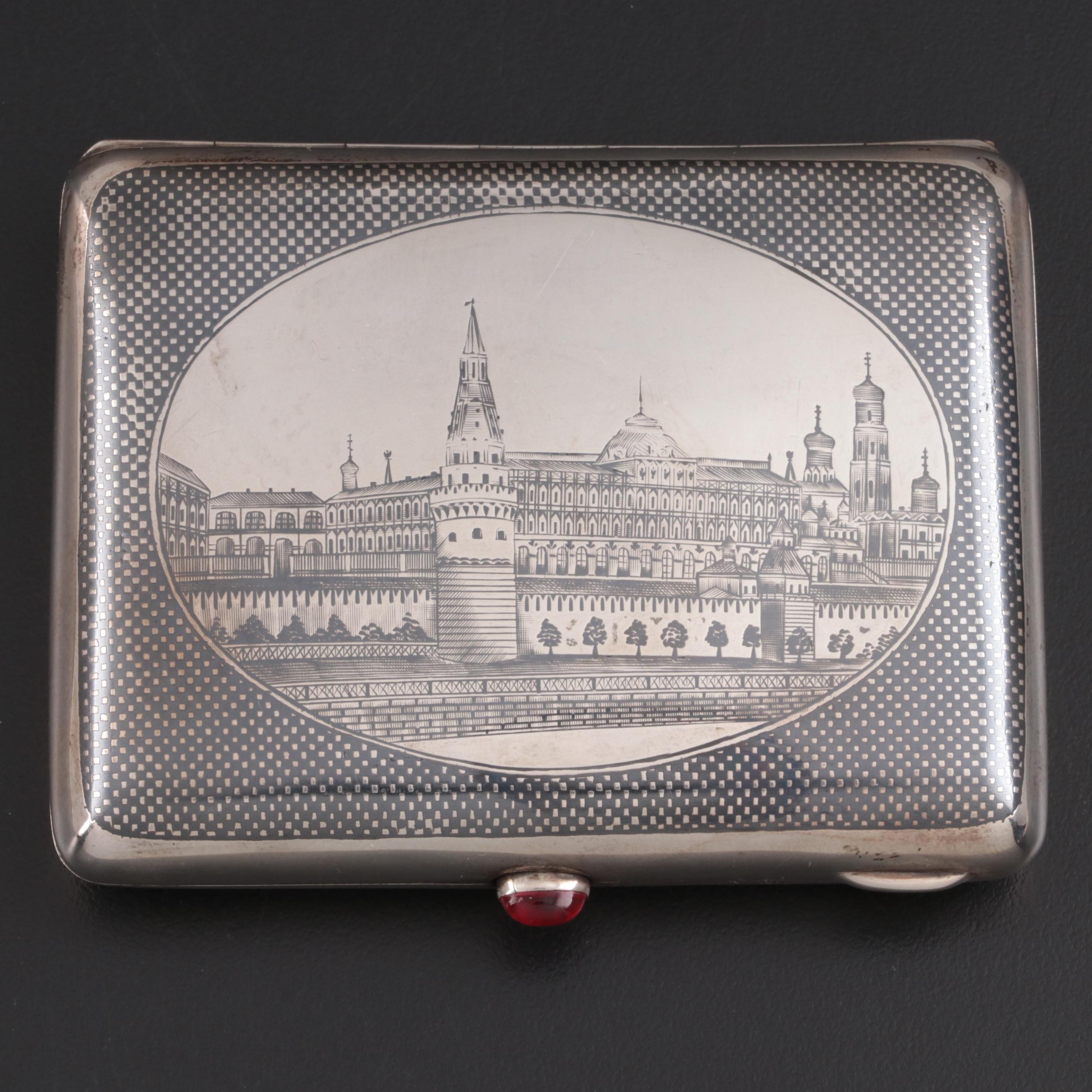 Pyotr Abromismov Russian 875 Silver Niello Kremlin Palace Cigarette Case, 1907