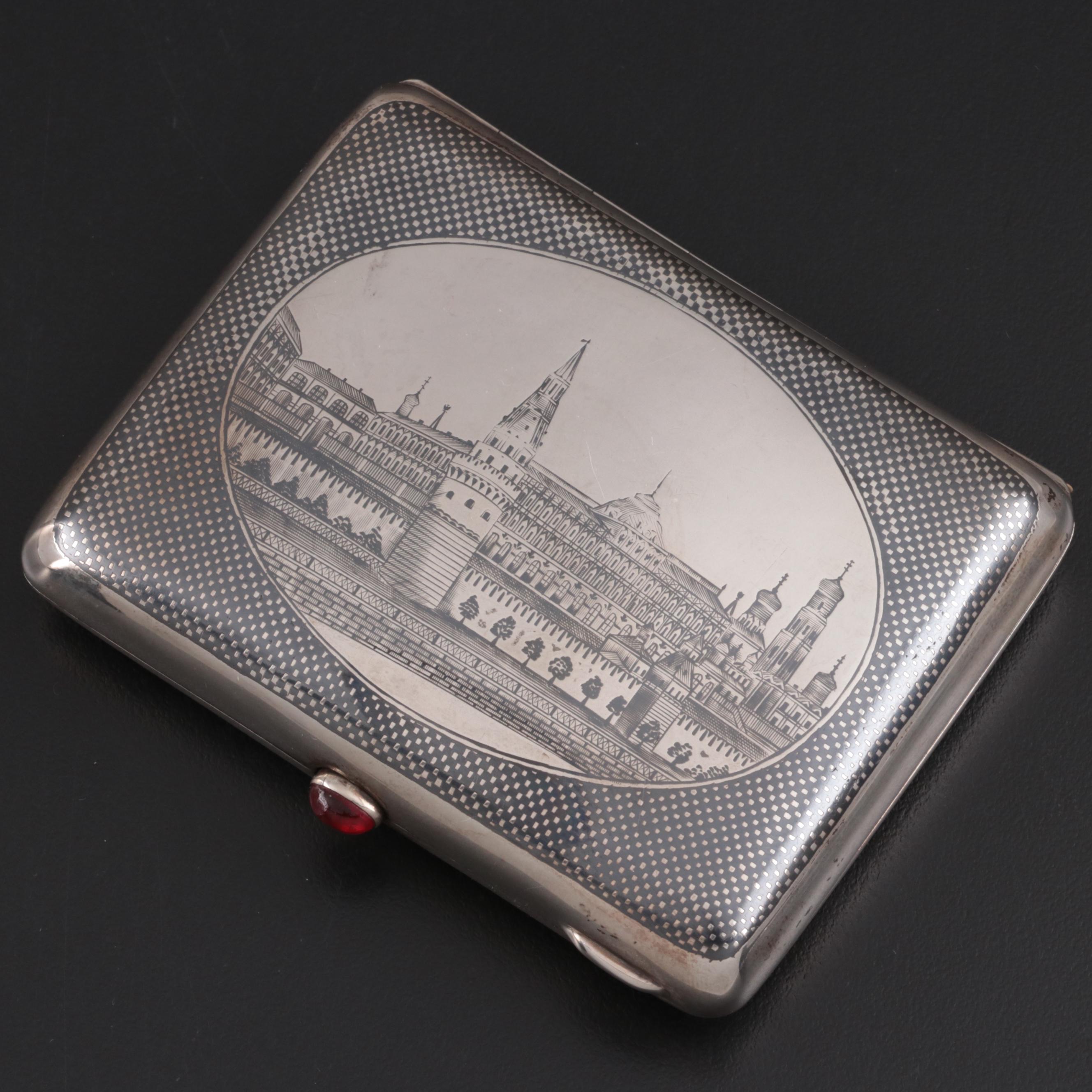 Pyotr Abromismov Russian 875 Silver Niello Kremlin Palace Cigarette Case, 1907