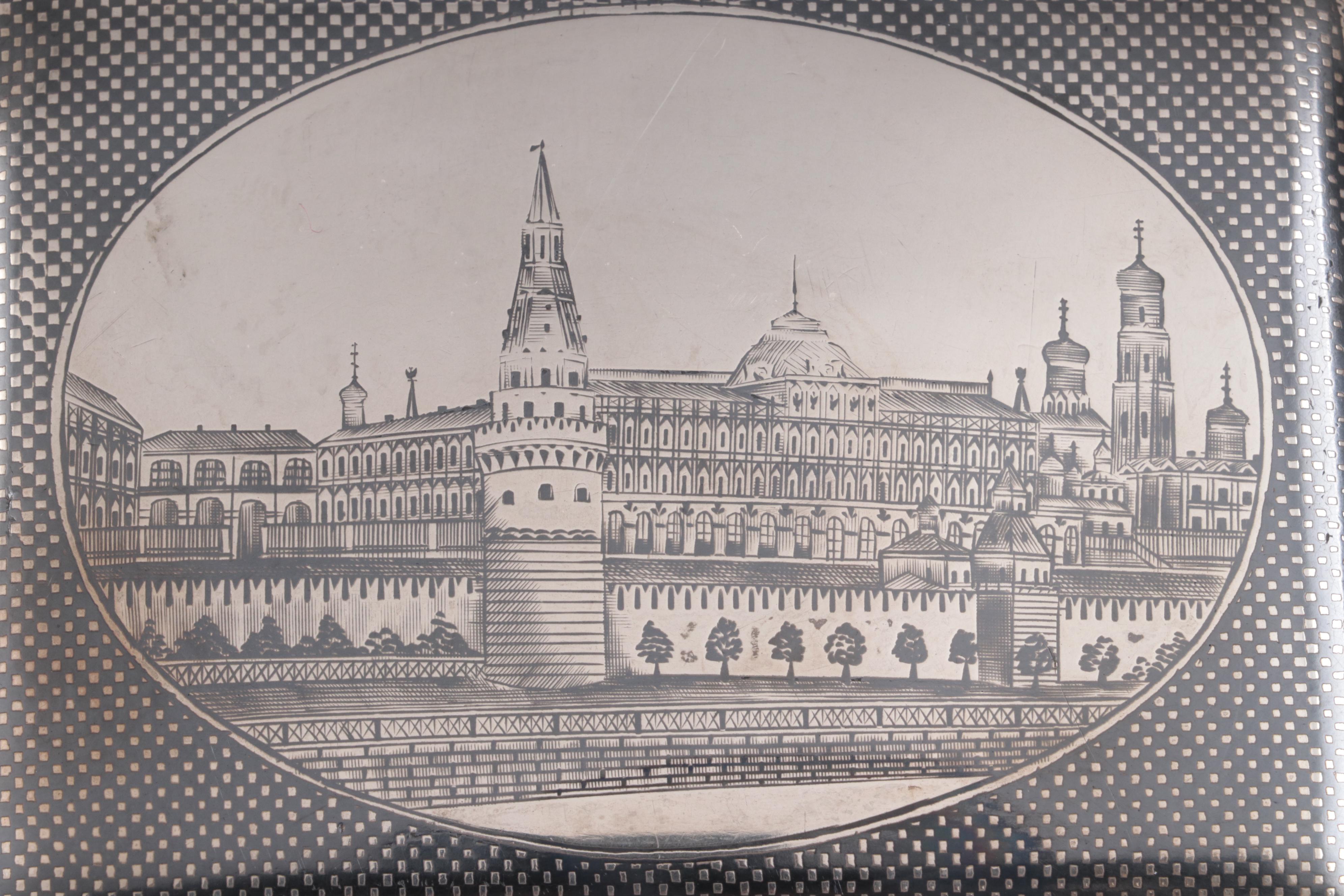Pyotr Abromismov Russian 875 Silver Niello Kremlin Palace Cigarette Case, 1907