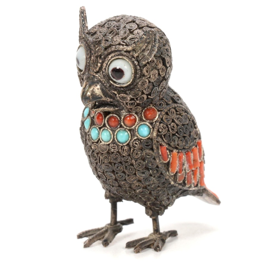Tibetan Style Metal Owl Figurine with Inlay