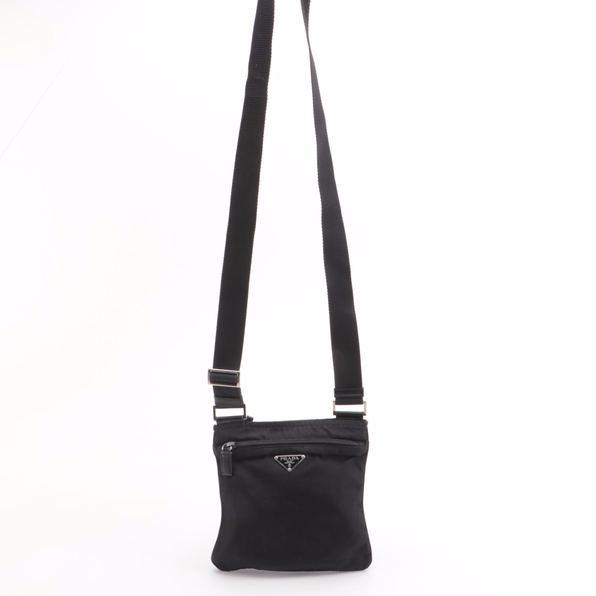Prada Small Zip Messenger Bag in Black Tessuto Nylon with Leather Trim