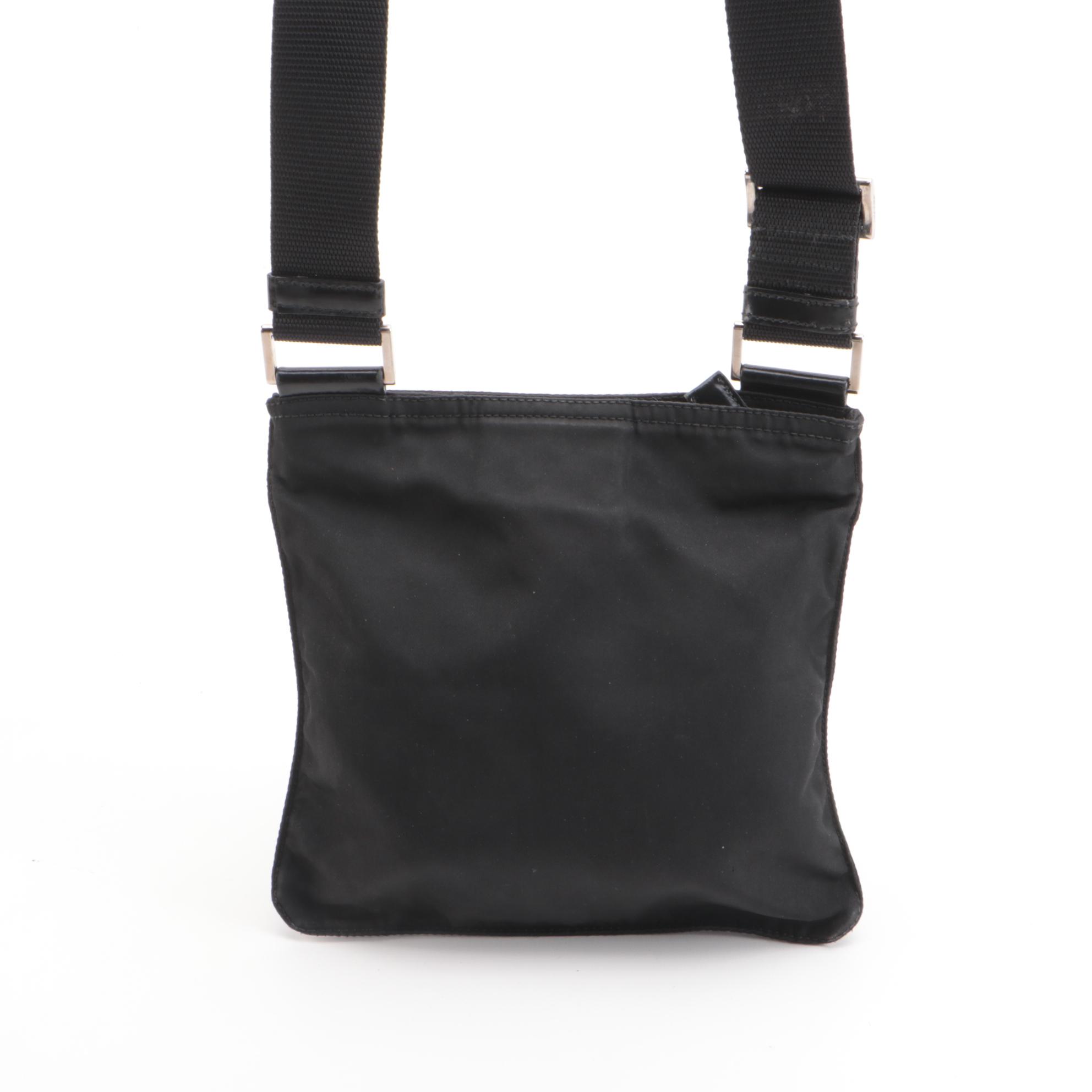 Prada Small Zip Messenger Bag in Black Tessuto Nylon with Leather Trim