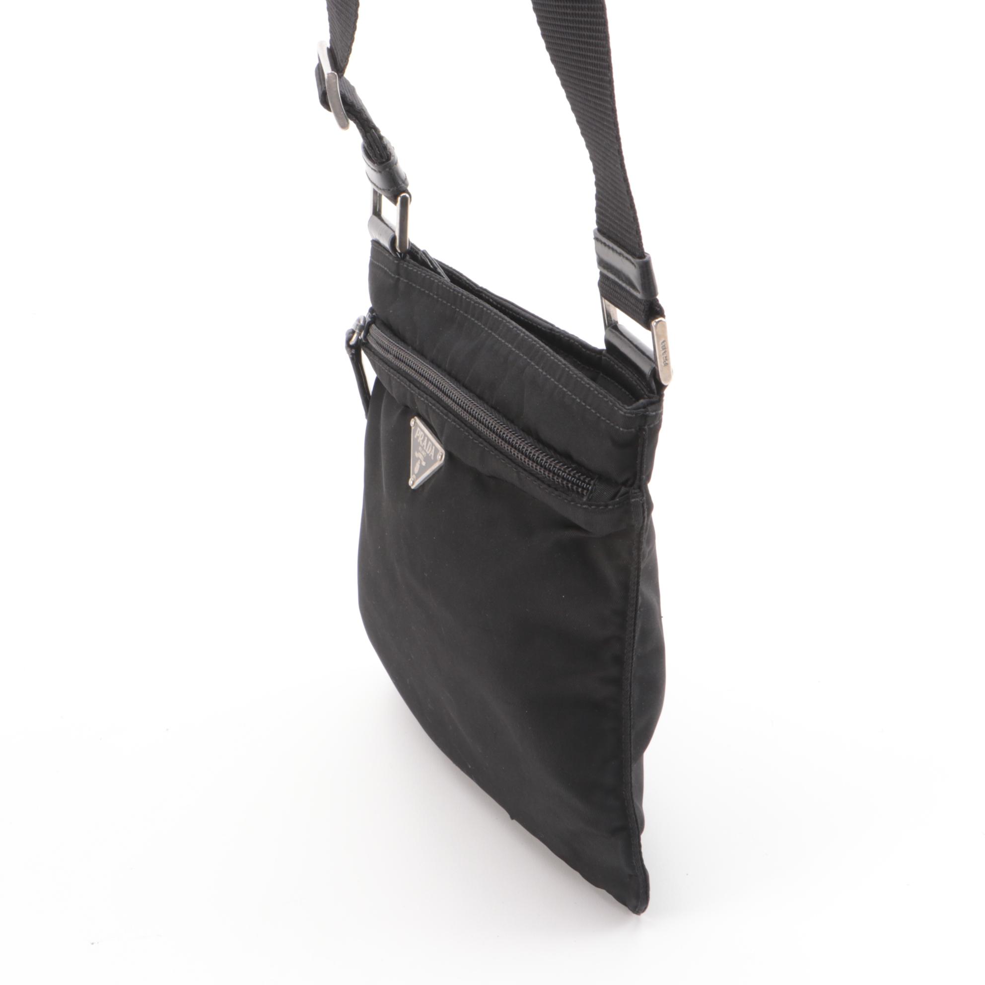 Prada Small Zip Messenger Bag in Black Tessuto Nylon with Leather Trim