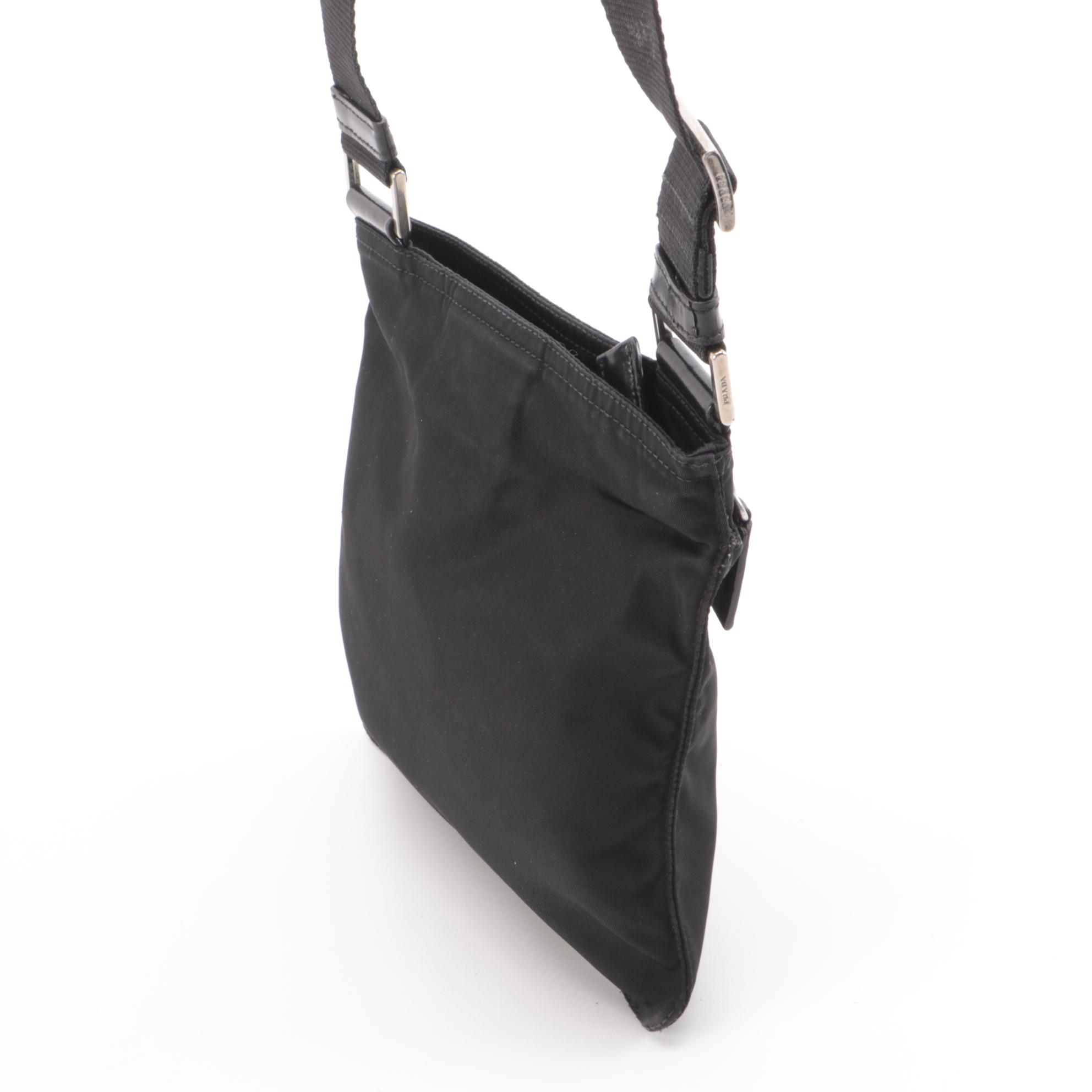 Prada Small Zip Messenger Bag in Black Tessuto Nylon with Leather Trim