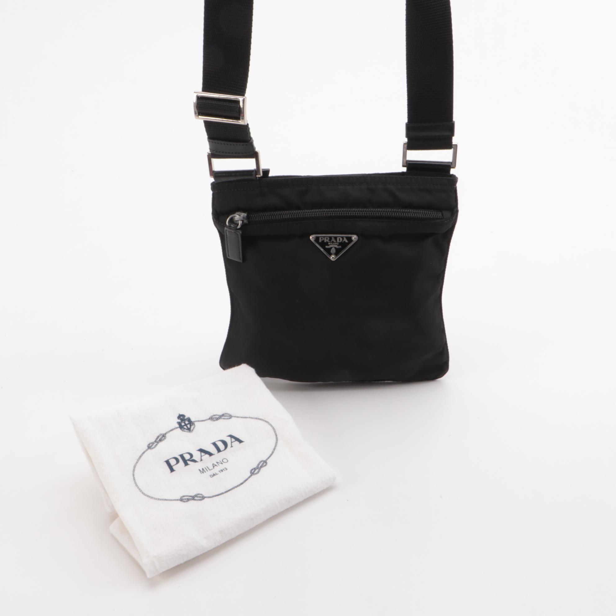 Prada Small Zip Messenger Bag in Black Tessuto Nylon with Leather Trim
