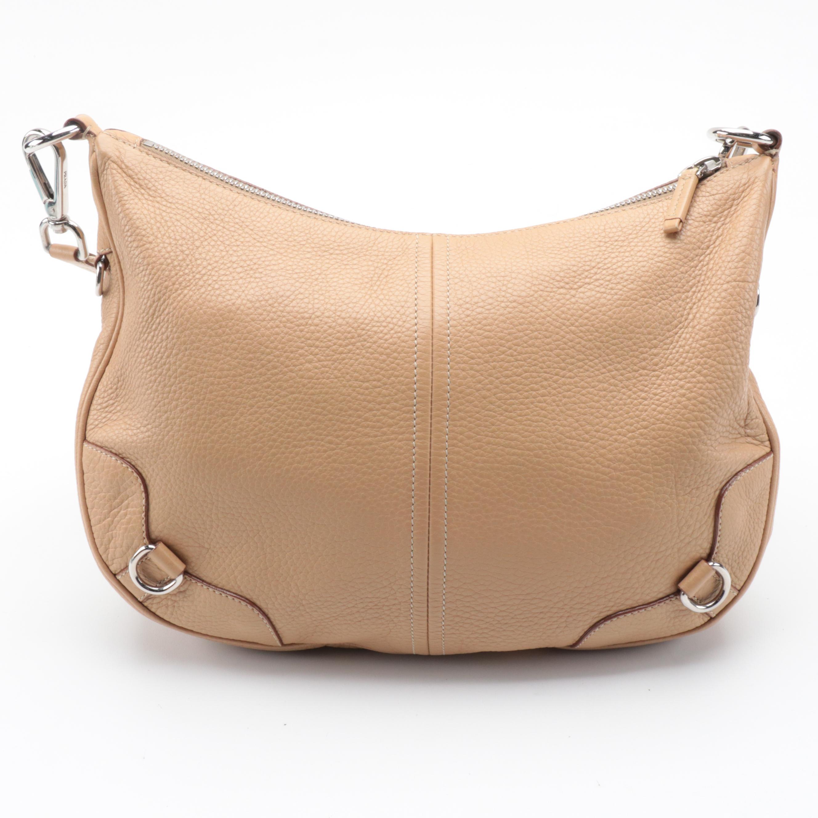 Prada Hobo Crossbody Bag in Beige Vitello Daino Leather with Canvas Strap