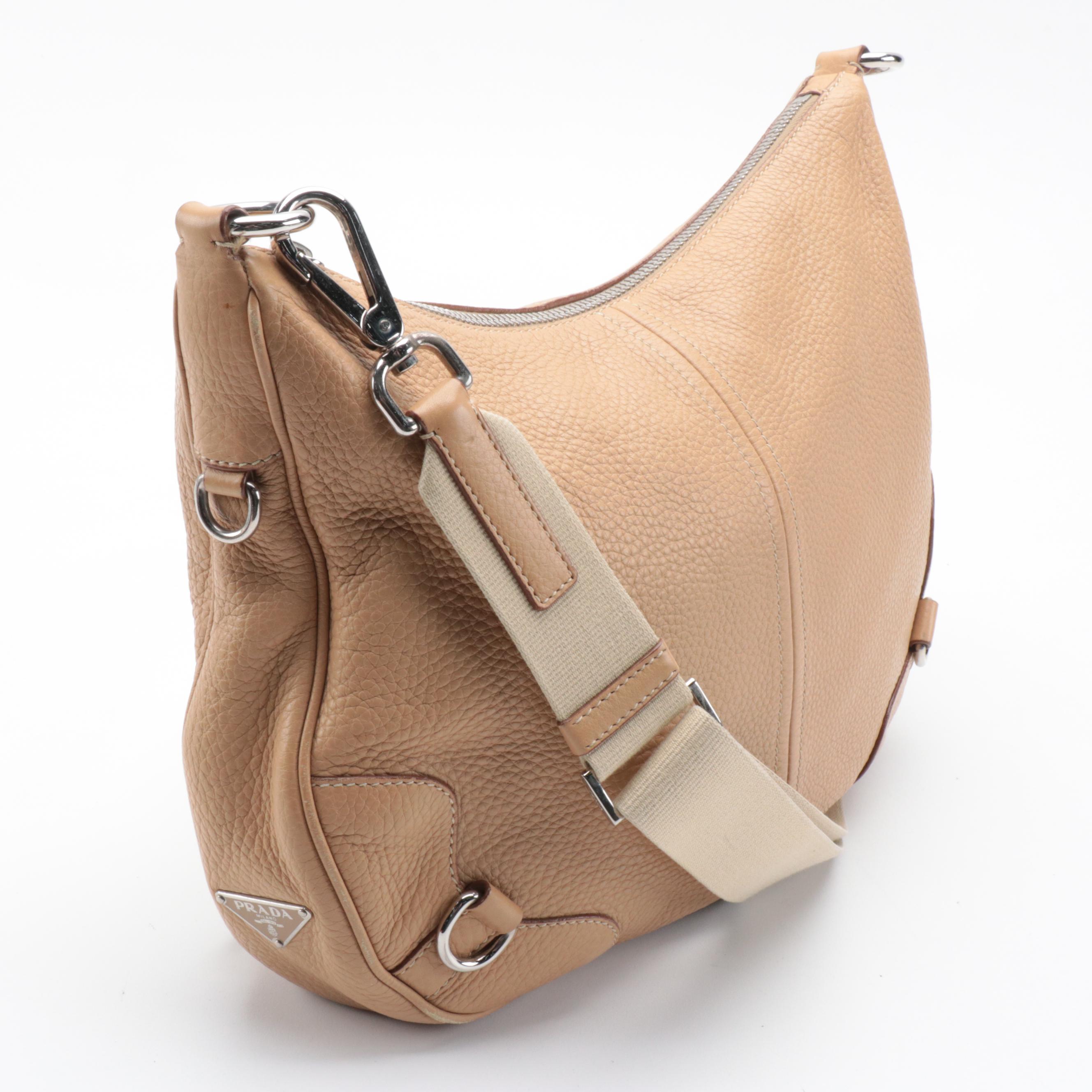 Prada Hobo Crossbody Bag in Beige Vitello Daino Leather with Canvas Strap