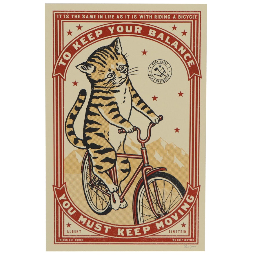 Ravi Zupa Serigraph of Cat Riding a Bicycle "Keep Moving," 2020