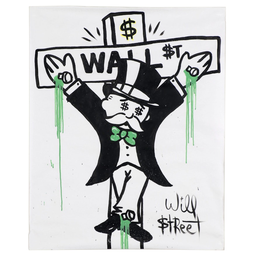 Will $treet Pop Art Acrylic Painting of Crucified Mr. Monopoly, 2018