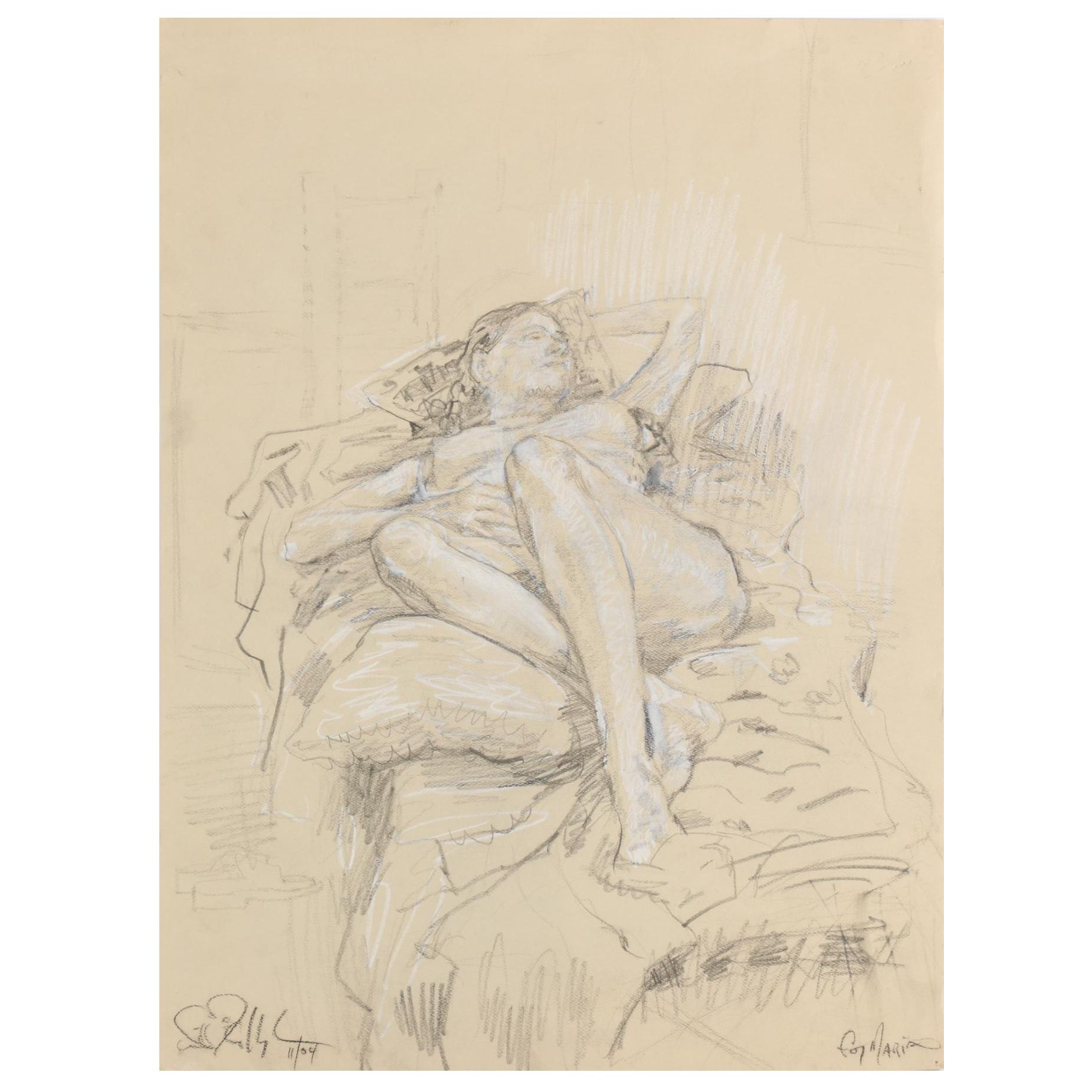 Graphite and Colored Pencil Drawing of Reclining Female Nude, 2004