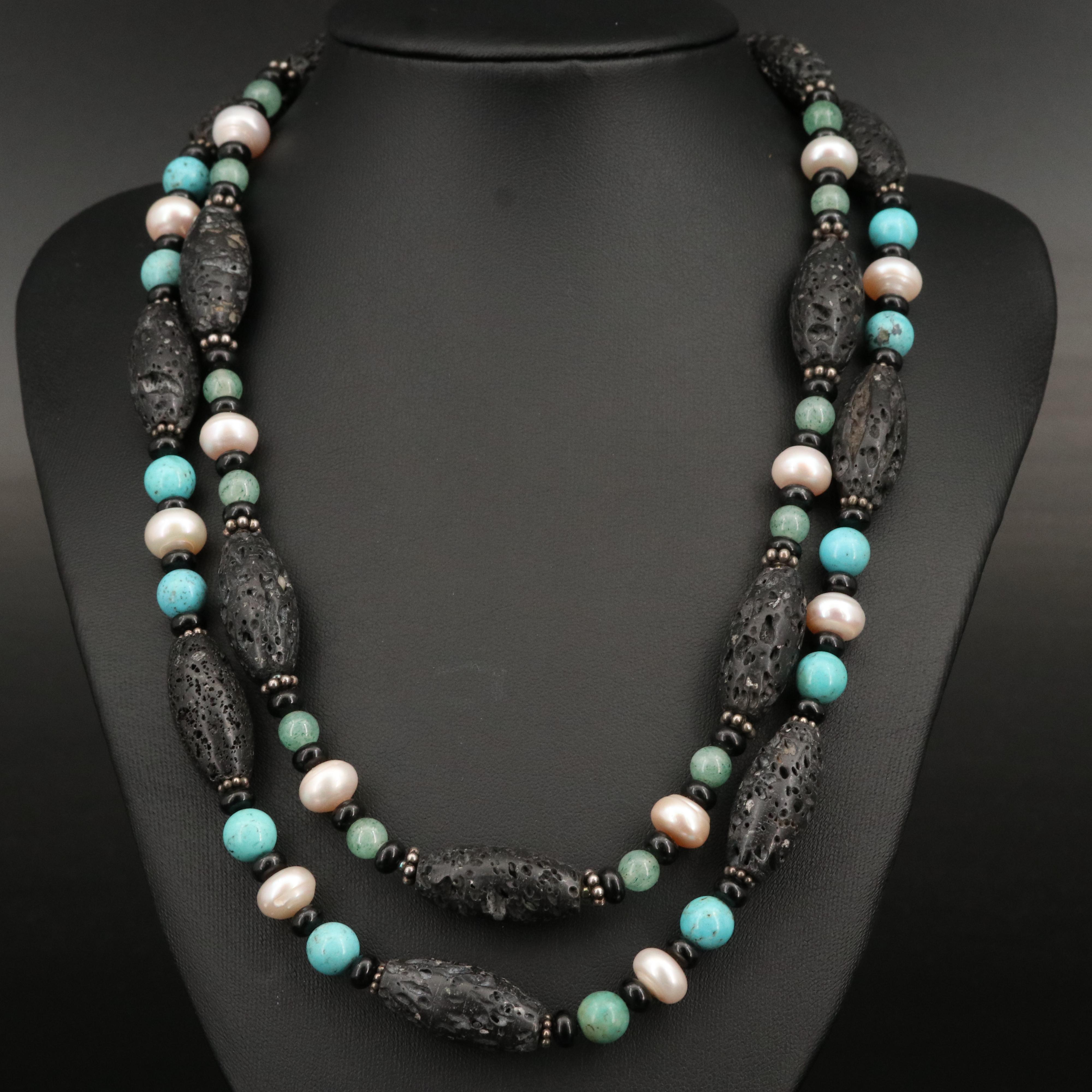 Sterling Silver Lava and Gemstone Double Strand Necklace