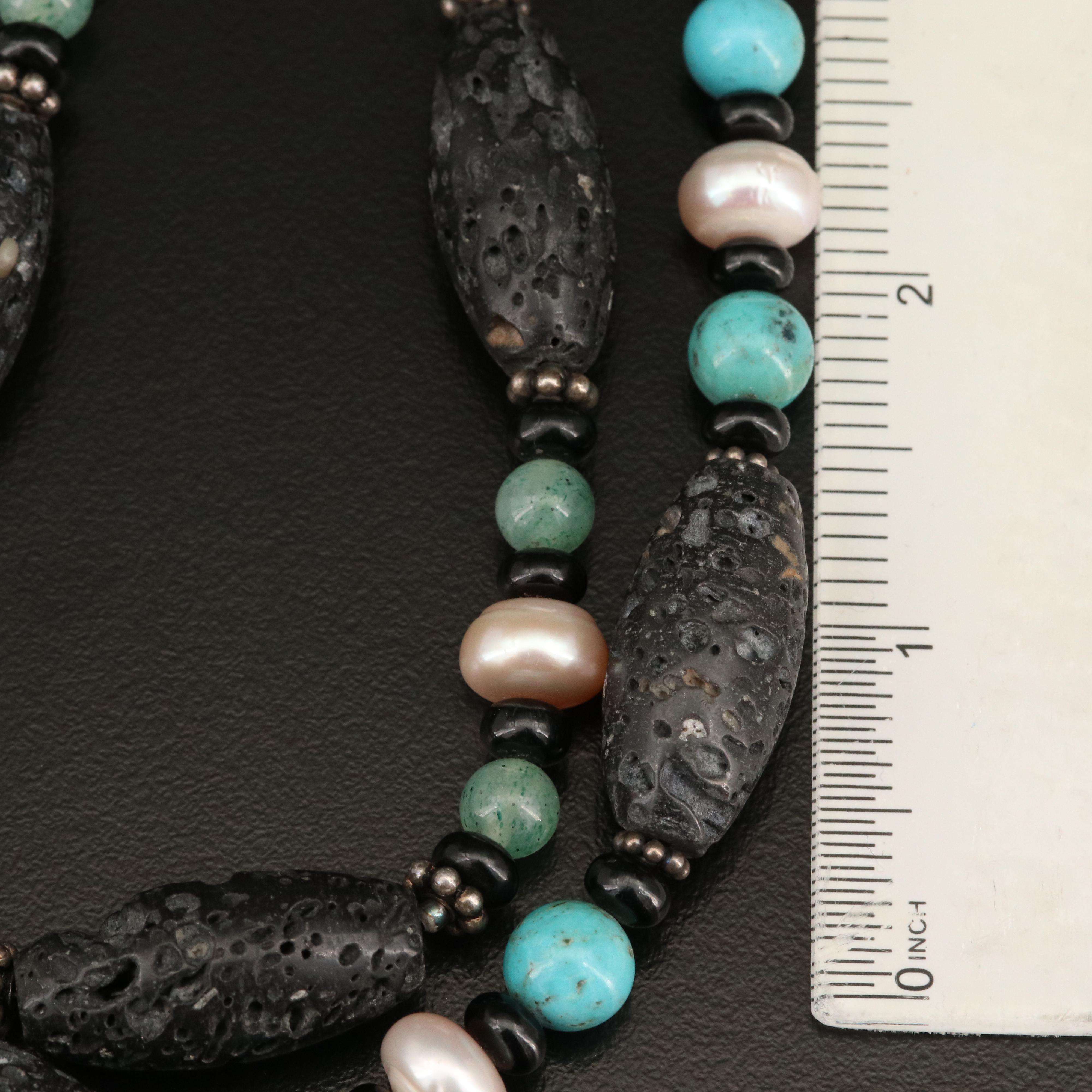 Sterling Silver Lava and Gemstone Double Strand Necklace