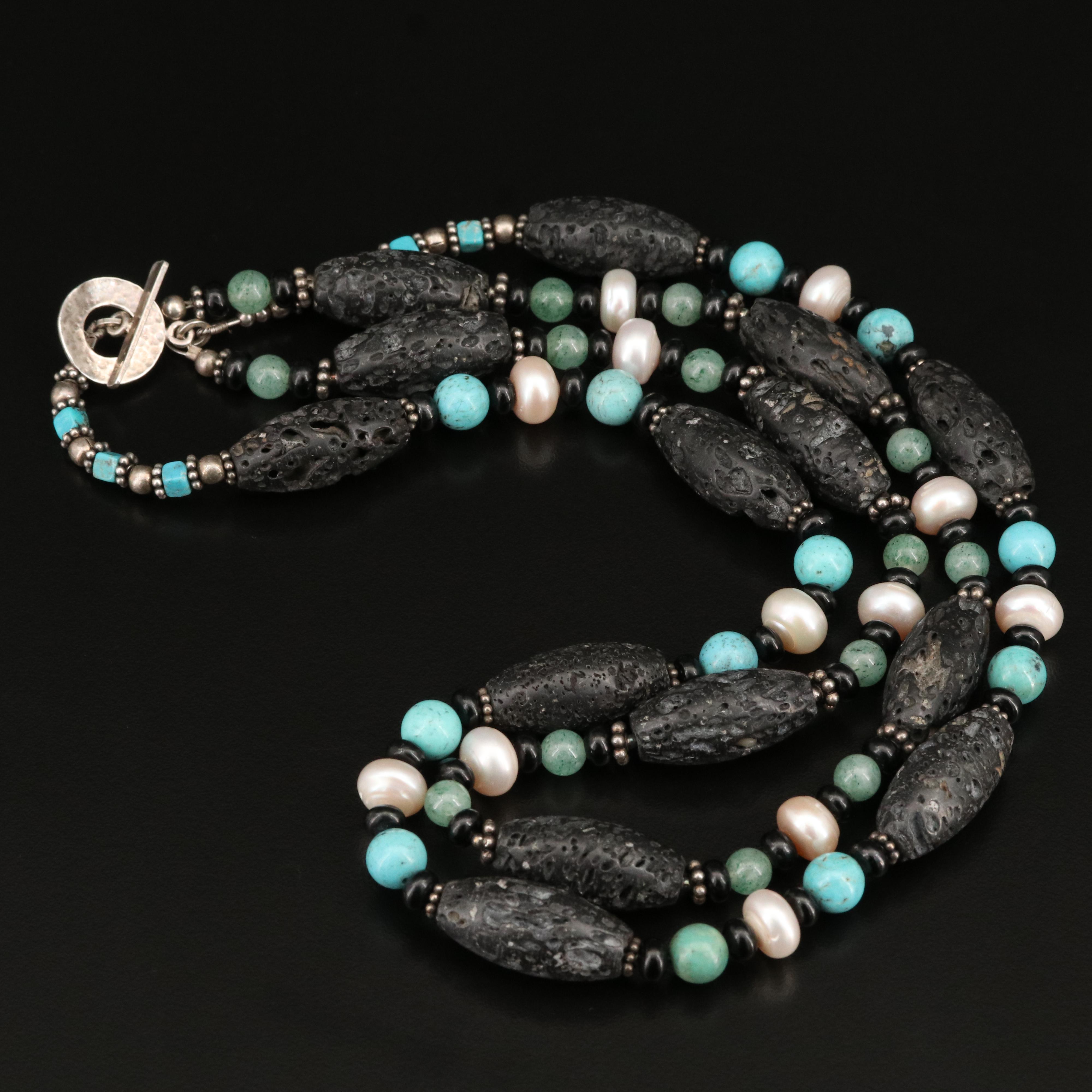 Sterling Silver Lava and Gemstone Double Strand Necklace