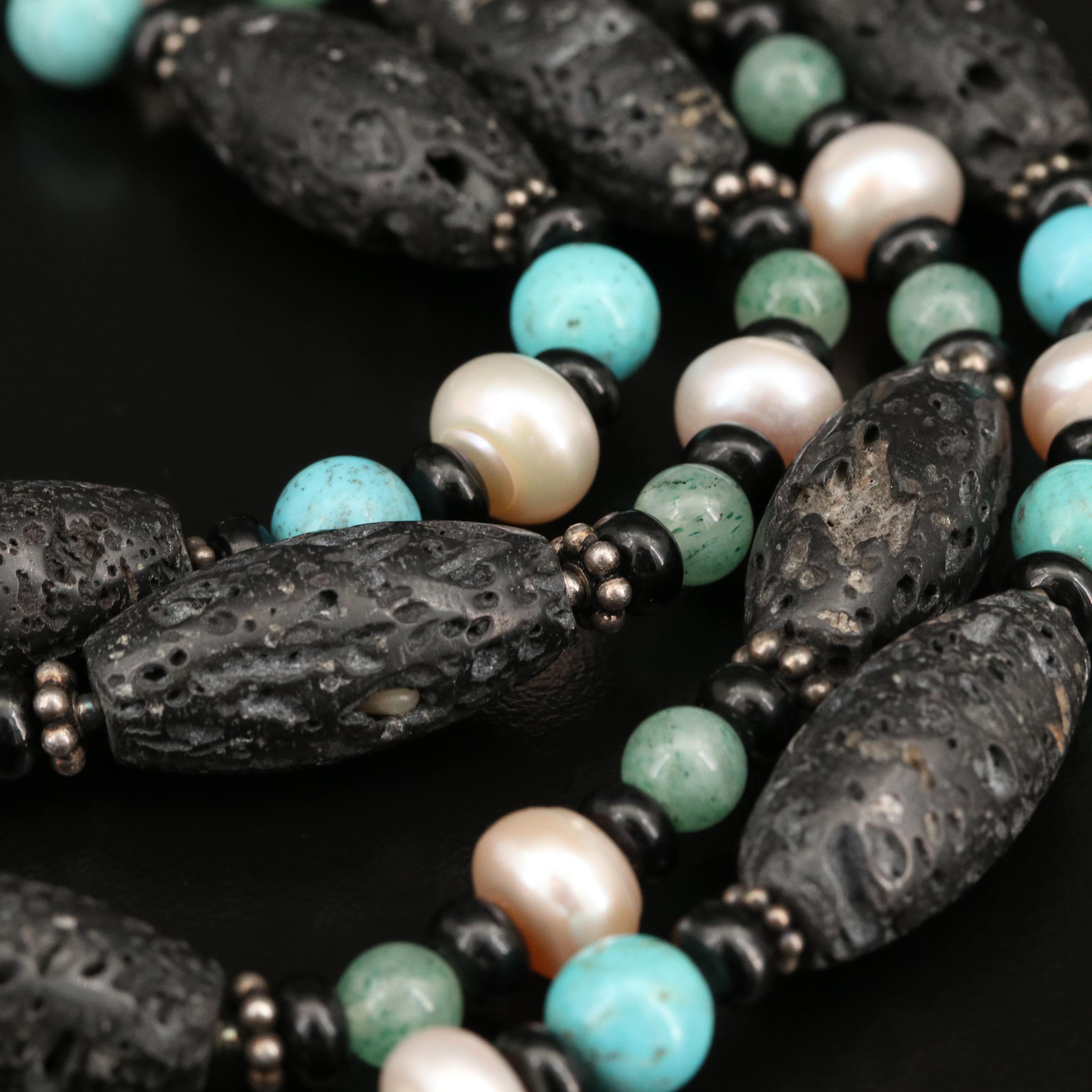 Sterling Silver Lava and Gemstone Double Strand Necklace