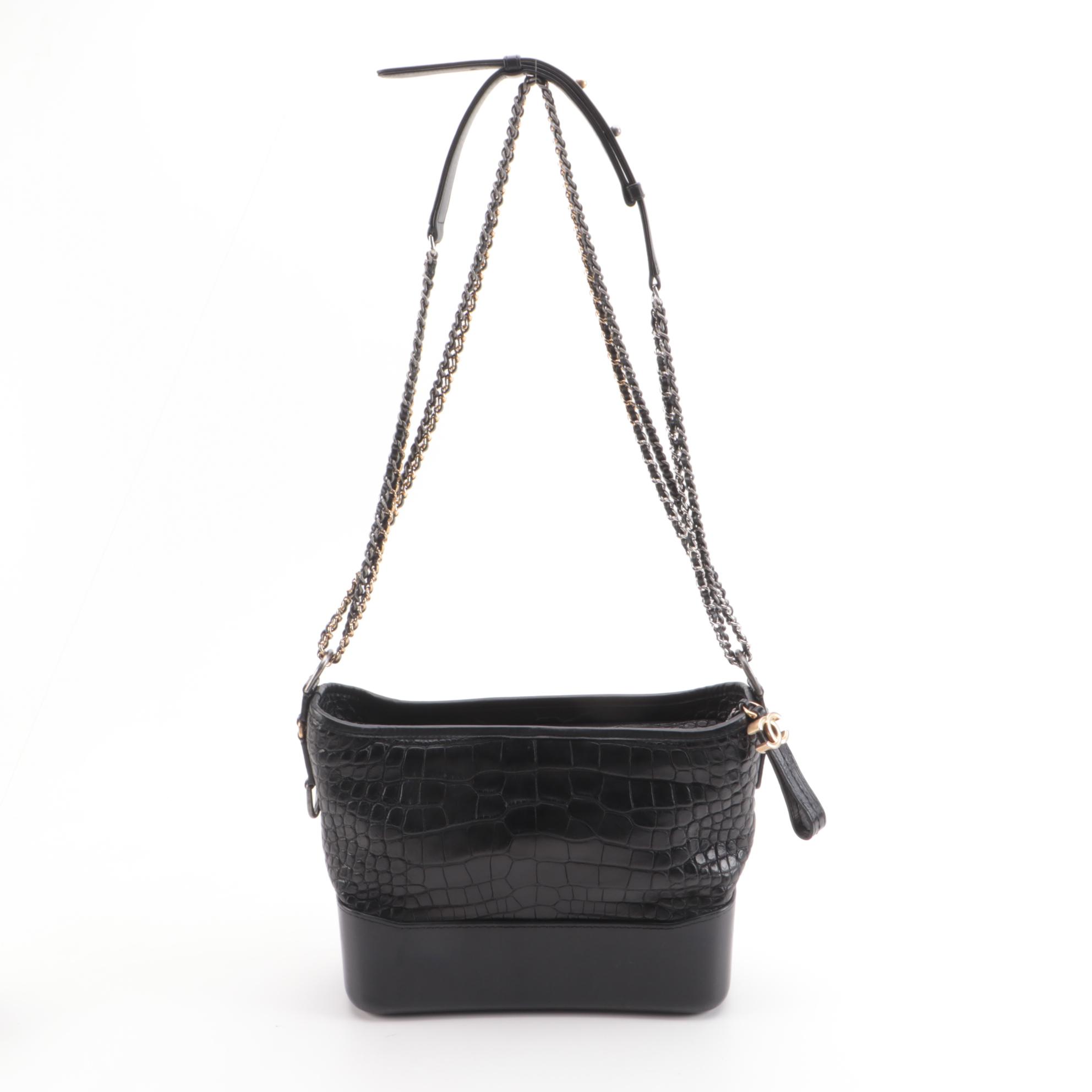 Chanel Gabrielle Medium Hobo Bag in Black Croc-Embossed and Smooth Leather