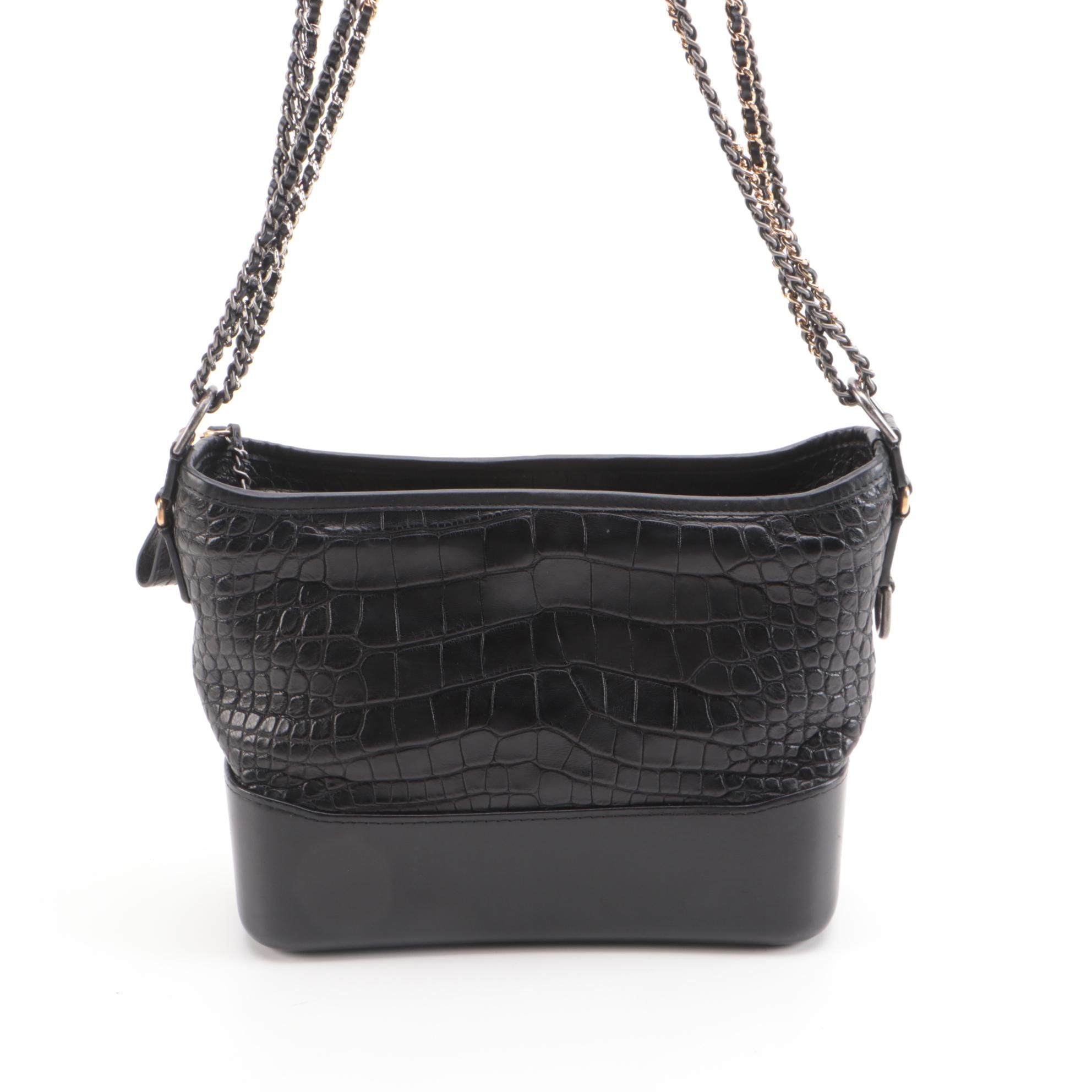 Chanel Gabrielle Medium Hobo Bag in Black Croc-Embossed and Smooth Leather