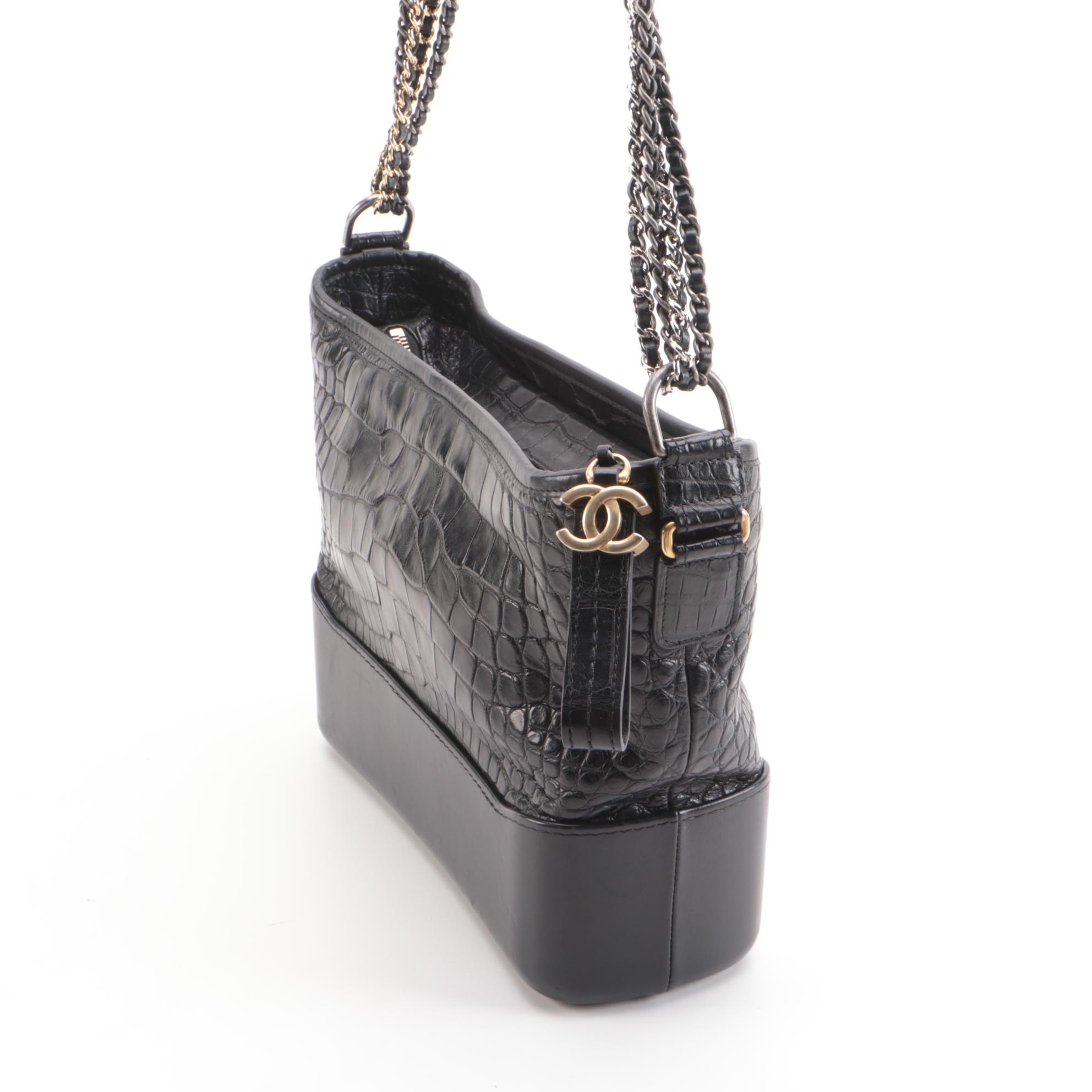 Chanel Gabrielle Medium Hobo Bag in Black Croc-Embossed and Smooth Leather