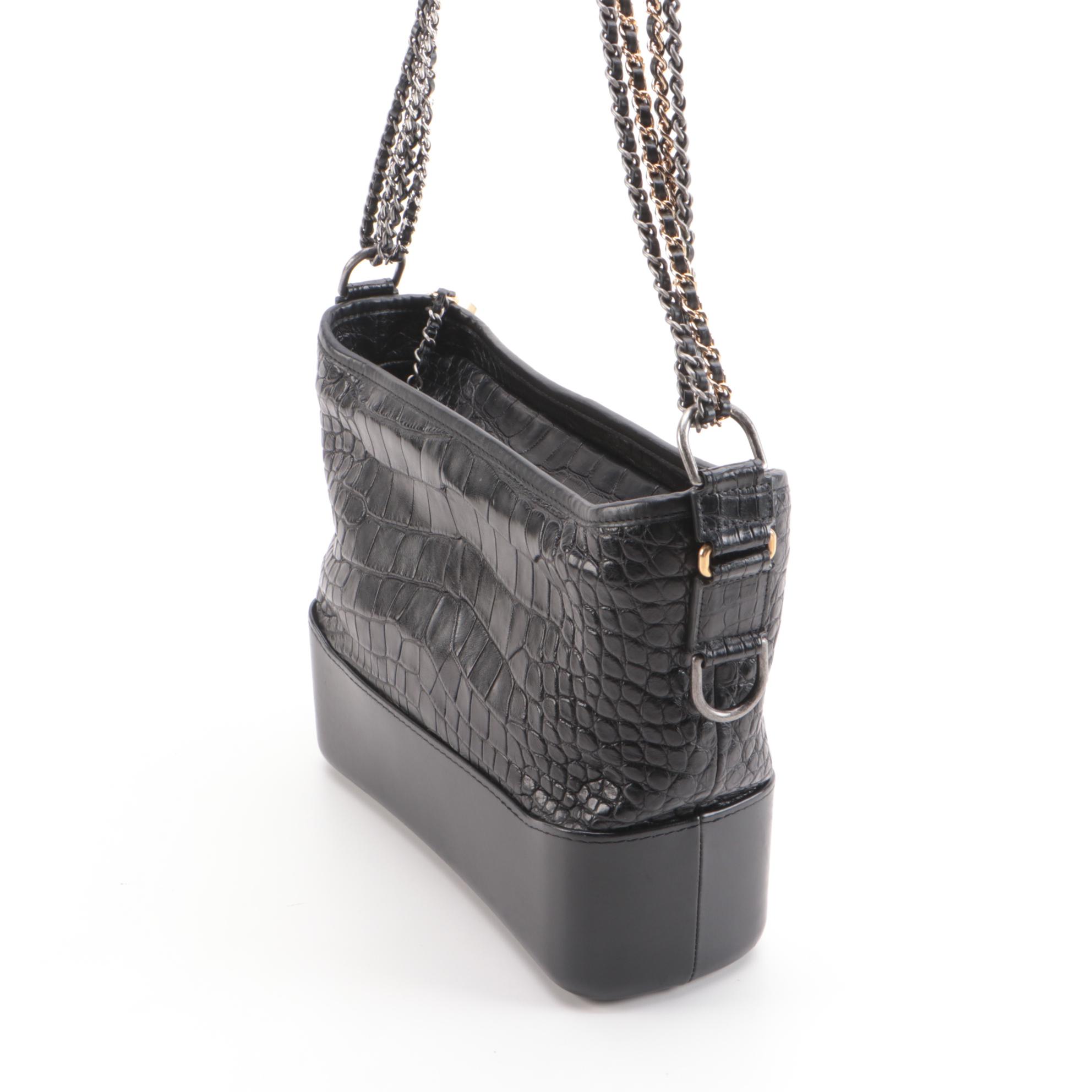 Chanel Gabrielle Medium Hobo Bag in Black Croc-Embossed and Smooth Leather