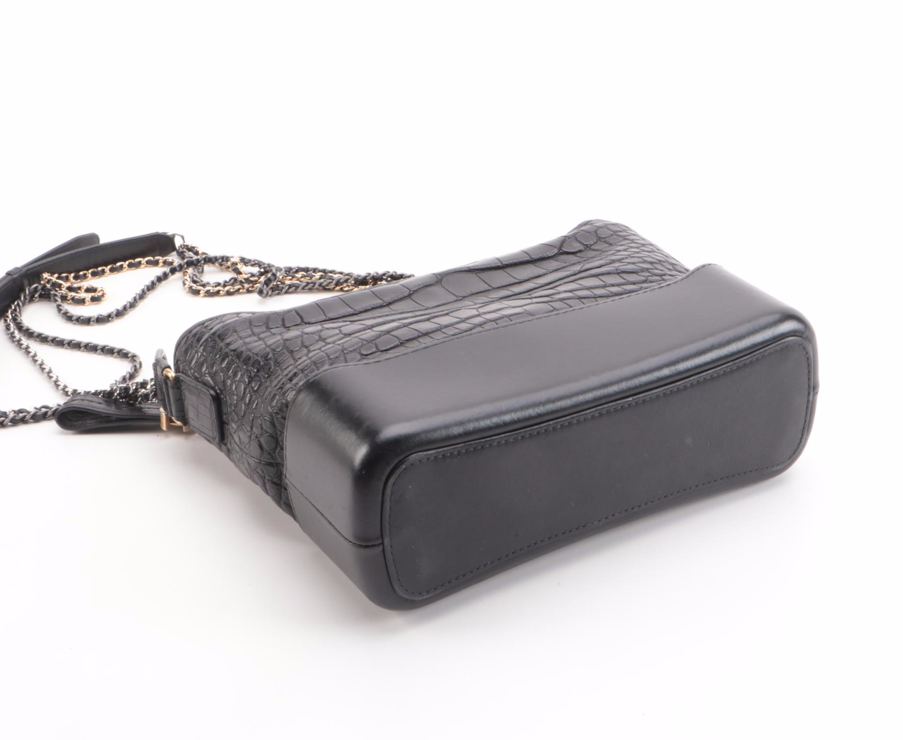 Chanel Gabrielle Medium Hobo Bag in Black Croc-Embossed and Smooth Leather