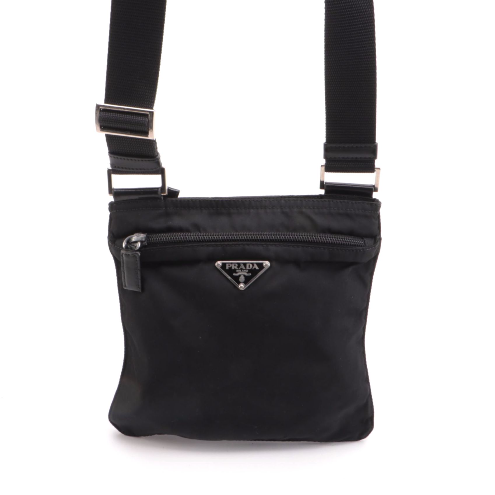 Prada Small Zip Messenger Bag in Black Tessuto Nylon with Leather Trim