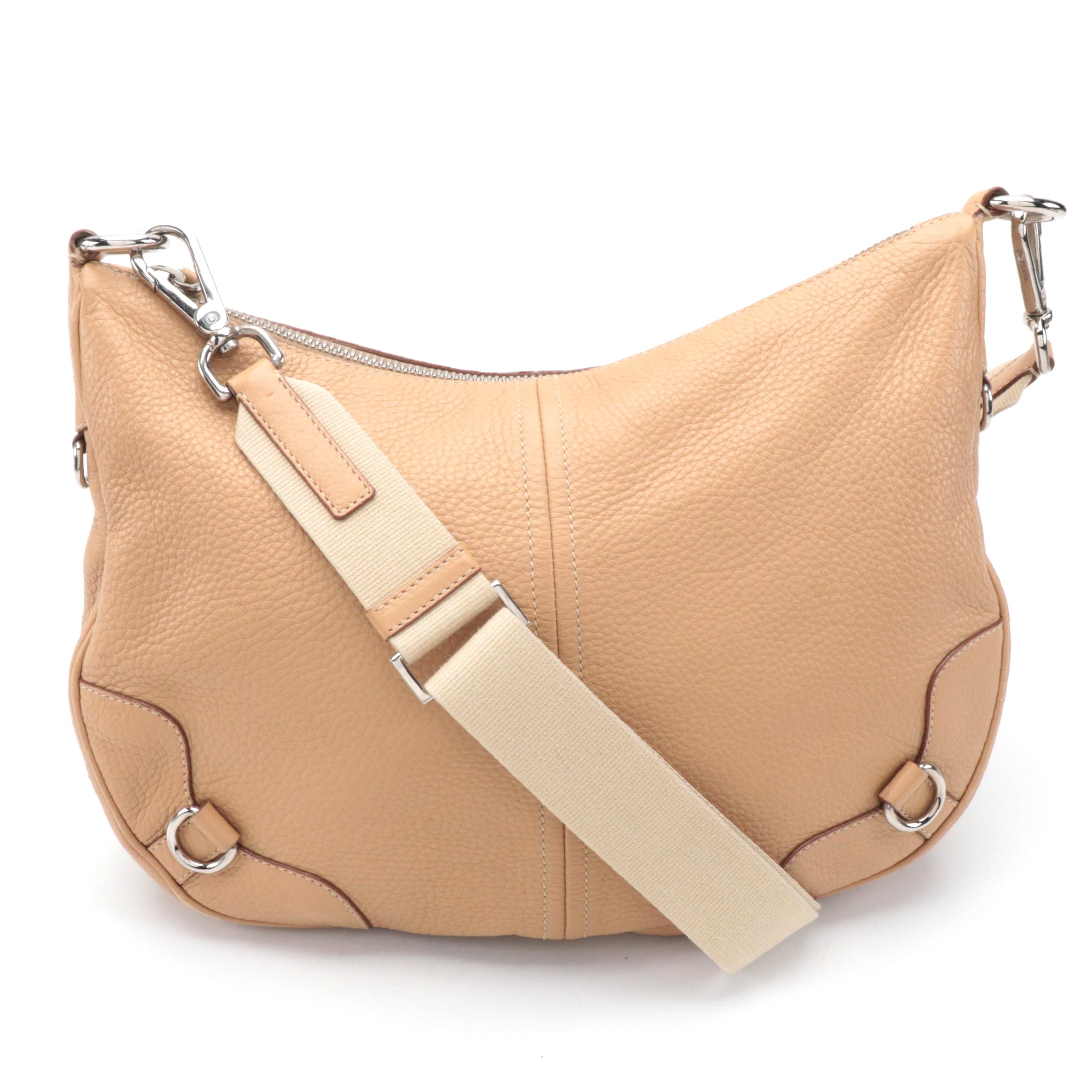 Prada Hobo Crossbody Bag in Beige Vitello Daino Leather with Canvas Strap