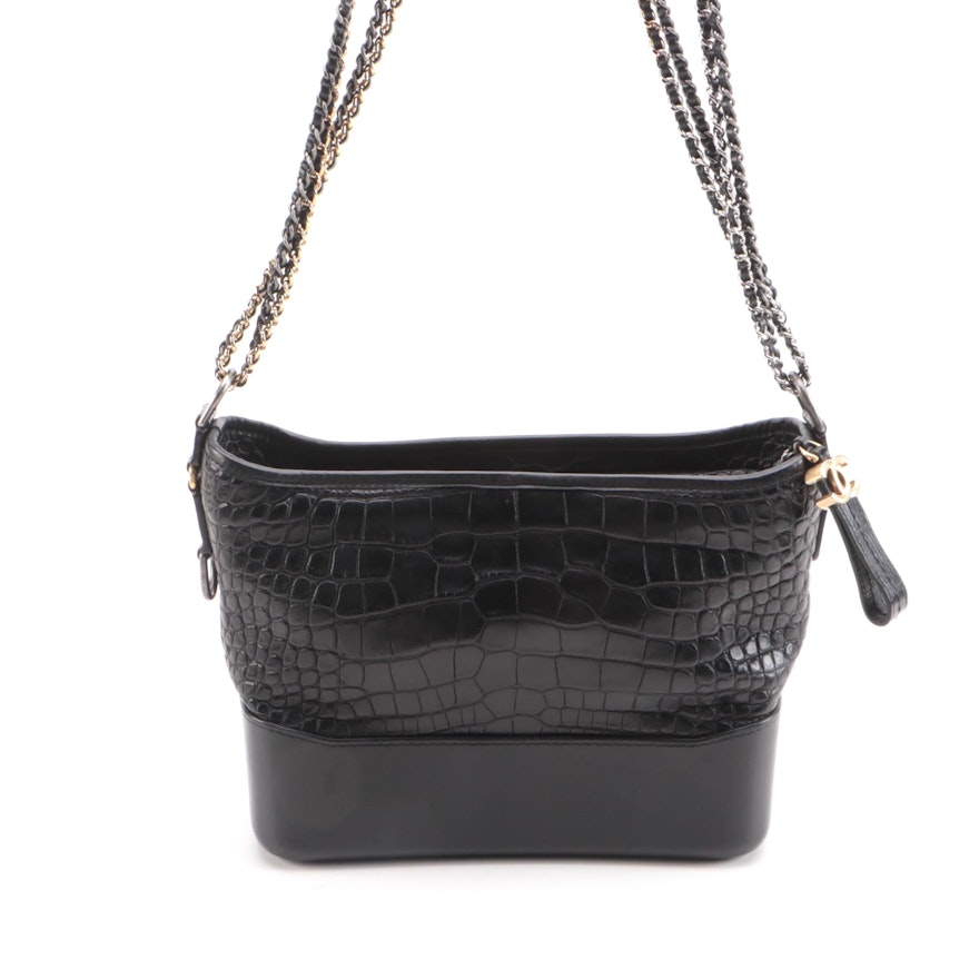 Chanel Gabrielle Medium Hobo Bag in Black Croc-Embossed and Smooth Leather