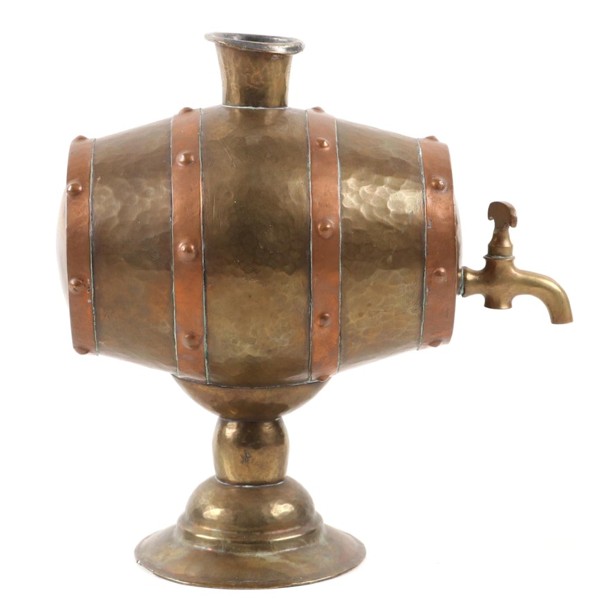 Russian Hammered Brass and Copper Barrel Shaped Liquor Dispenser,  Early 20th C.