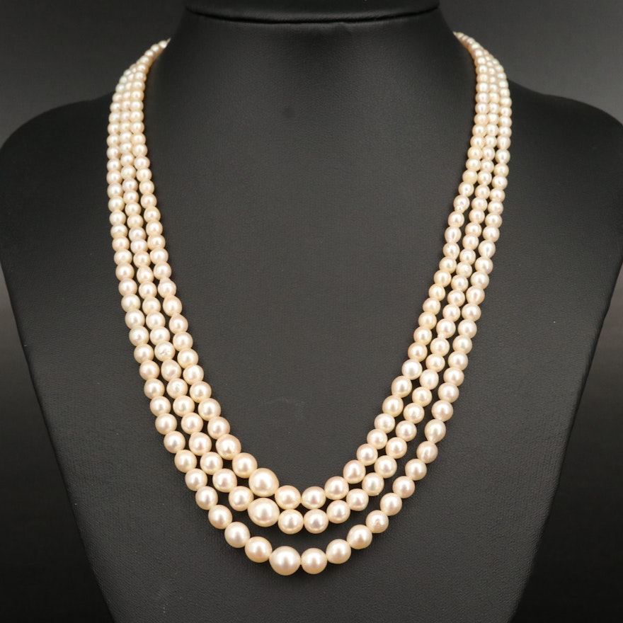 Vintage Pearl Triple-Strand Necklace with Sterling Clasp