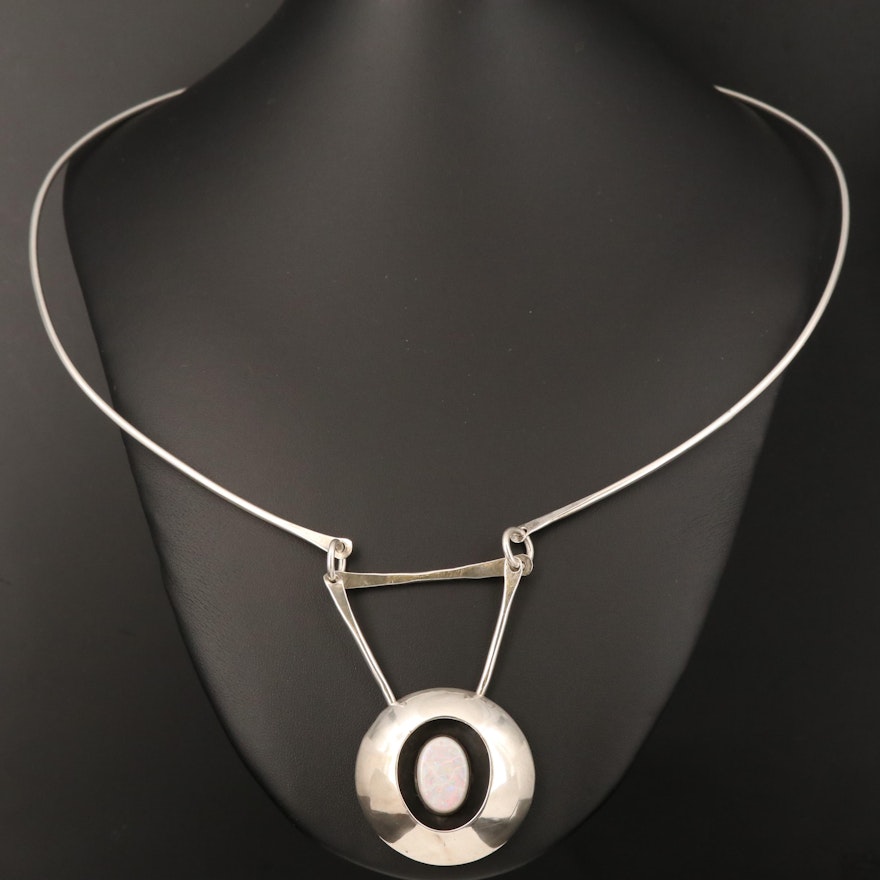 Modernist Artisan Sterling Silver Opal Shadowbox Necklace