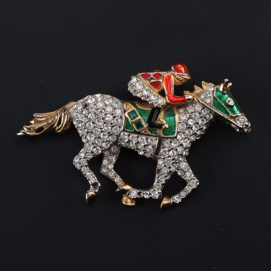 Rhinestone and Enamel Jockey and Racehorse Brooch