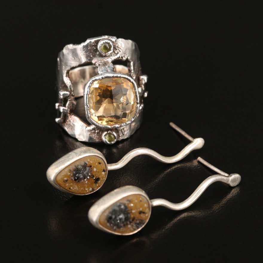 Charles Albert Druzy Earrings with Fine Silver Tourmaline and Citrine Ring