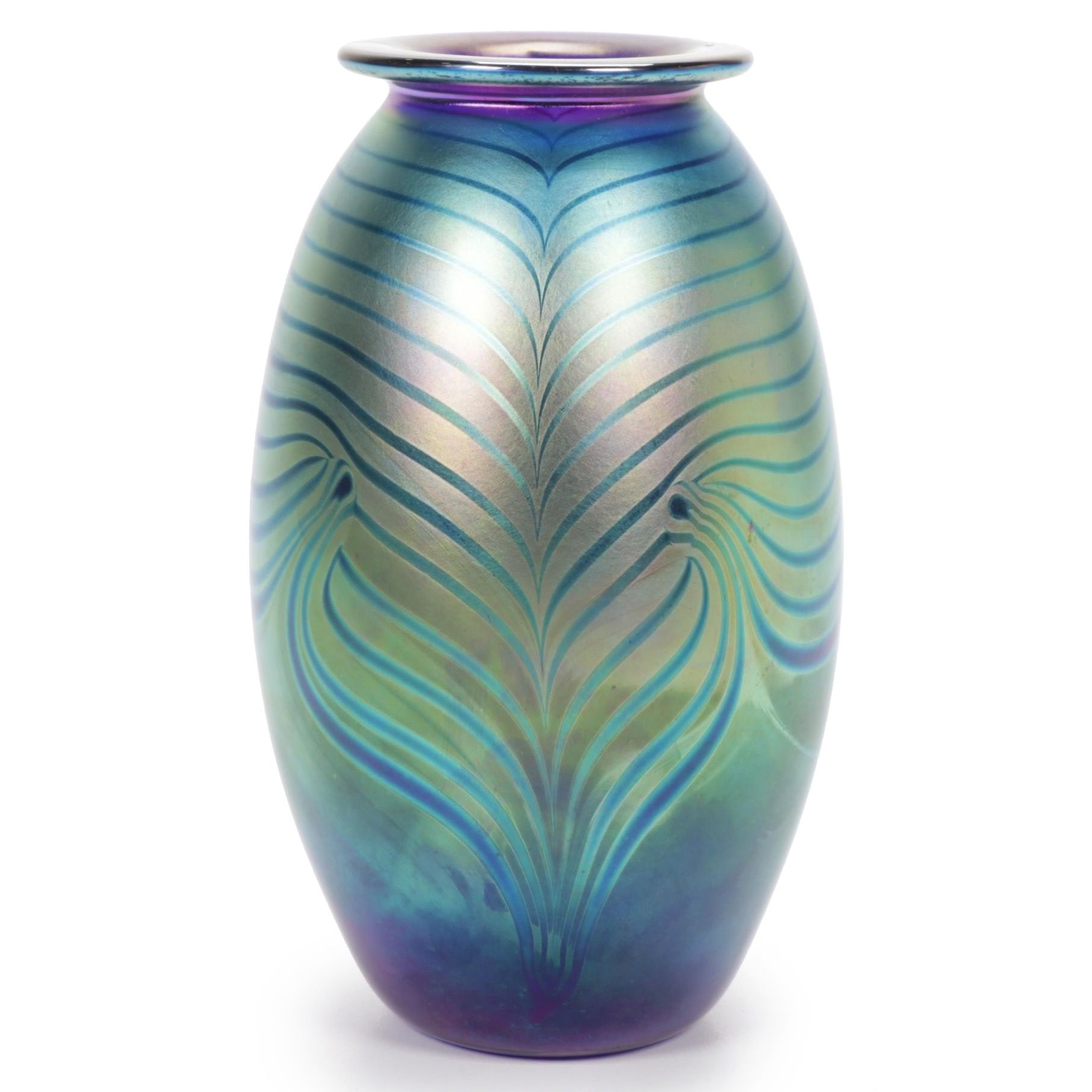 Robert Eickholt Handblown Iridescent Pulled Feather Art Glass Vase, 1985