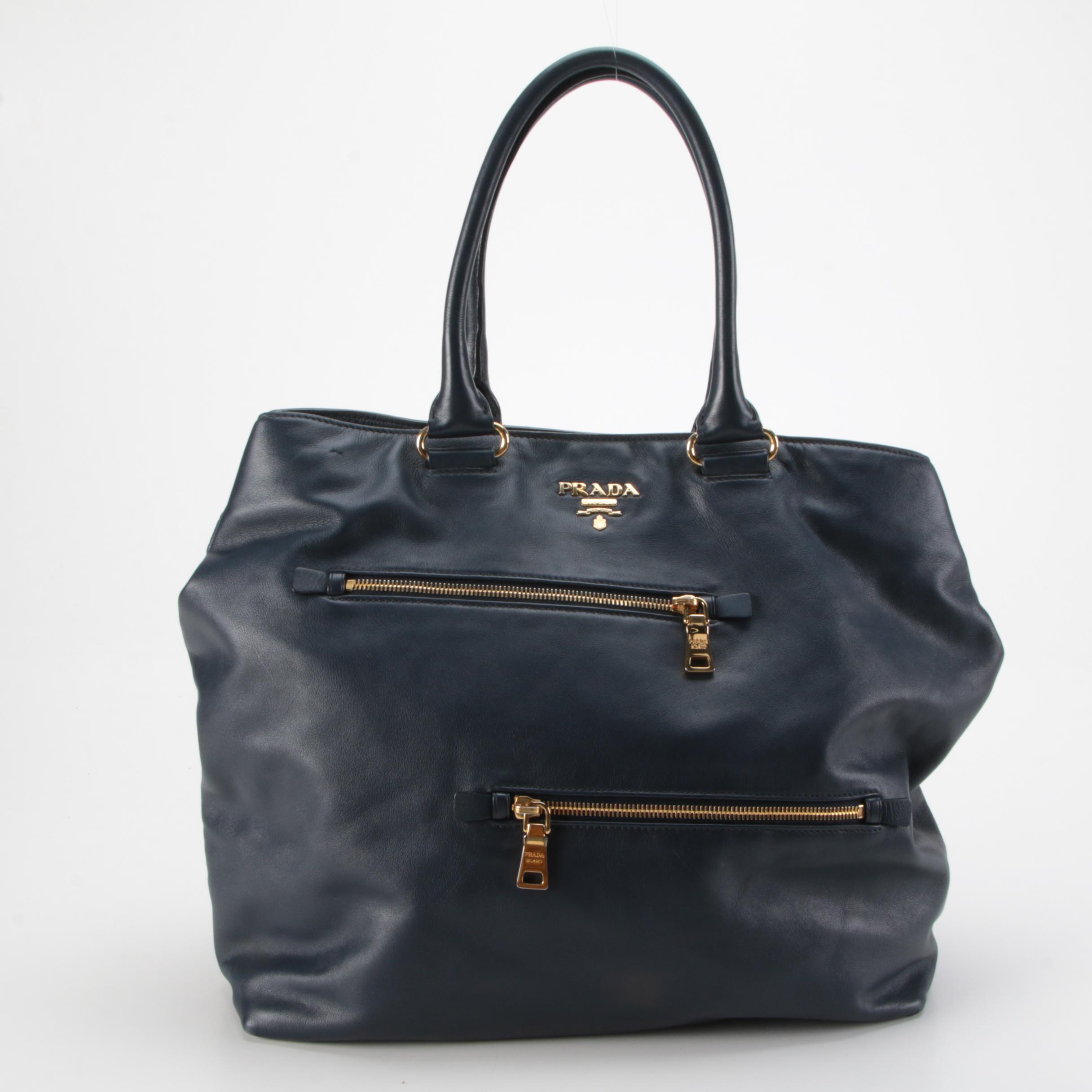 Prada Convertible Zipper Detail Tote in Blue Vitello Leather