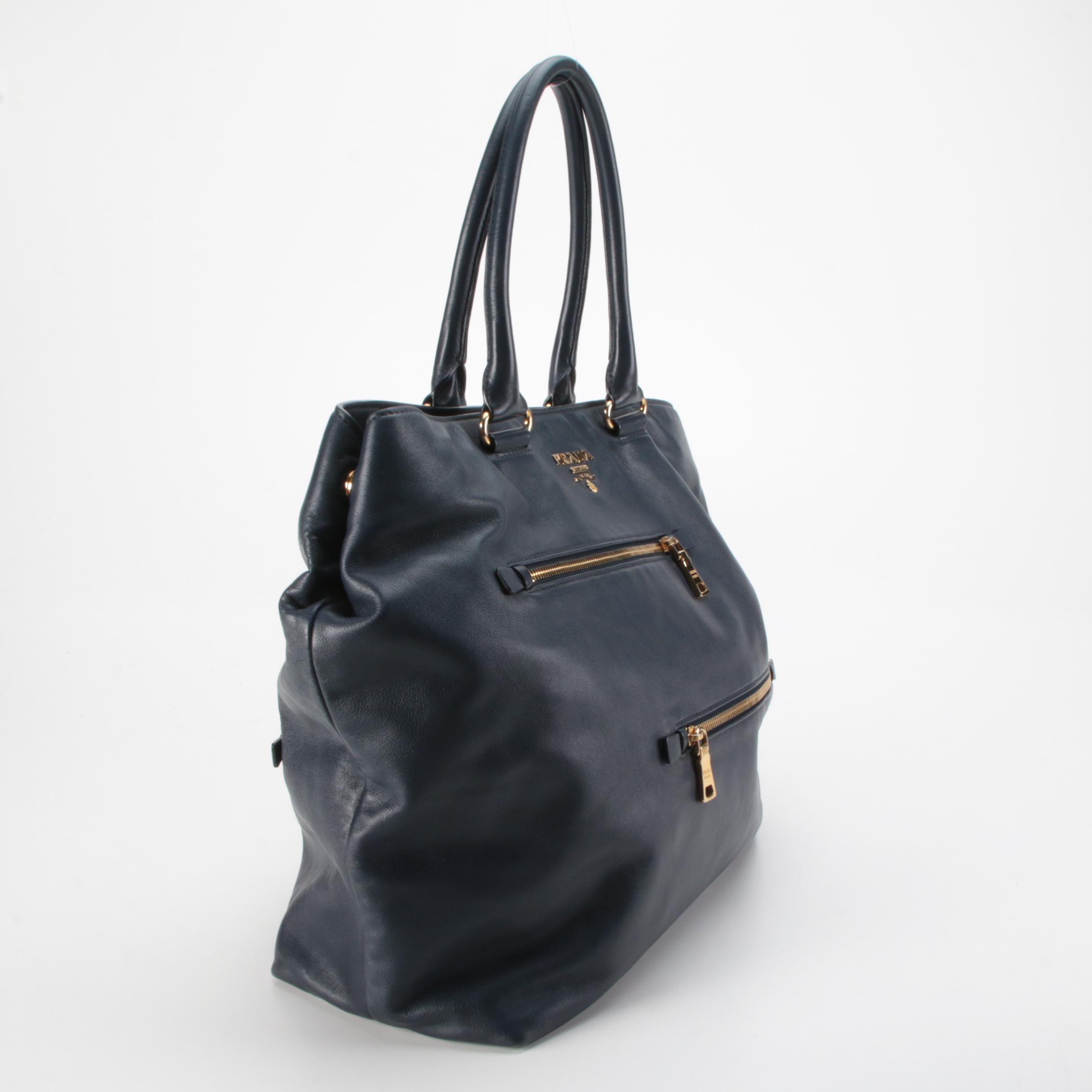 Prada Convertible Zipper Detail Tote in Blue Vitello Leather