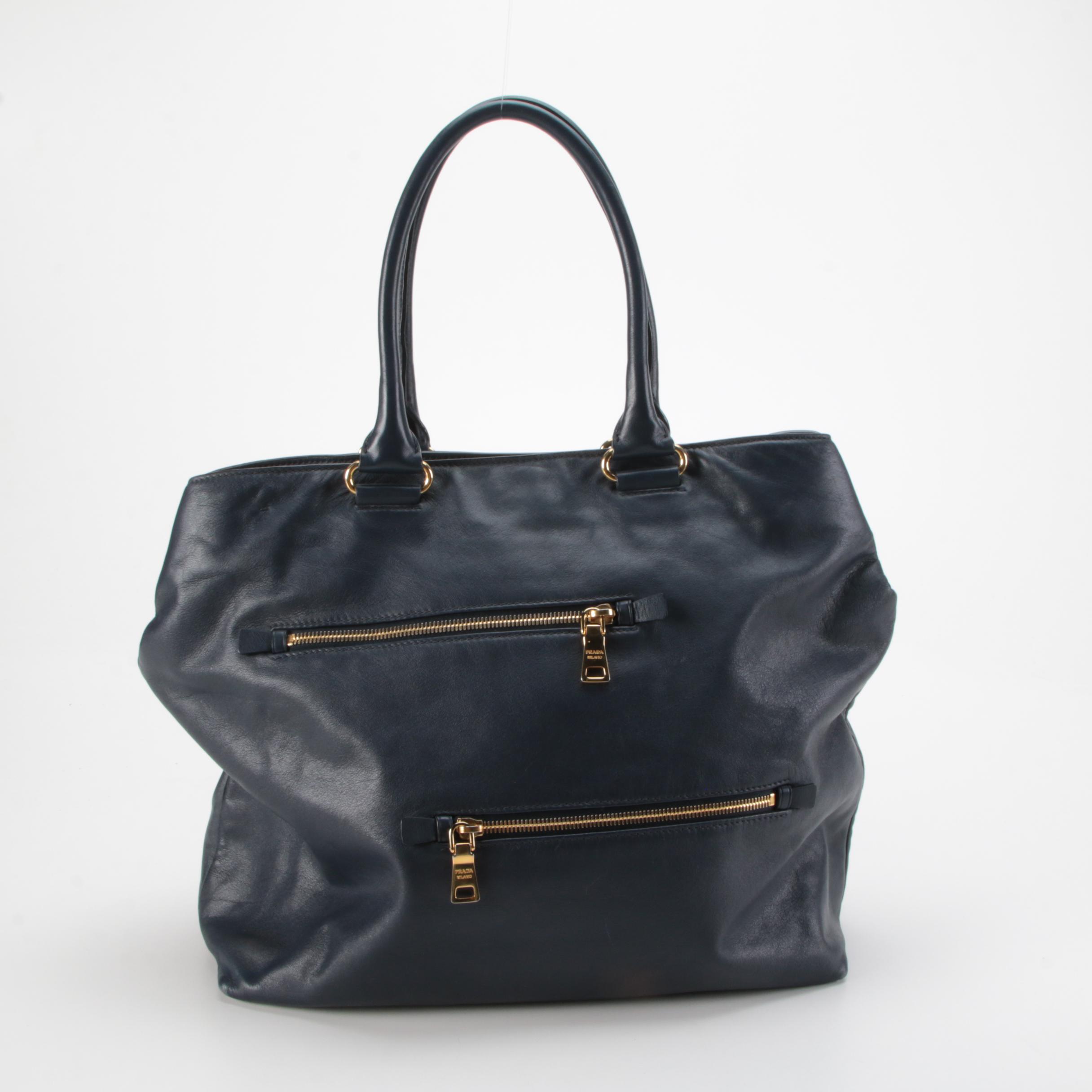 Prada Convertible Zipper Detail Tote in Blue Vitello Leather
