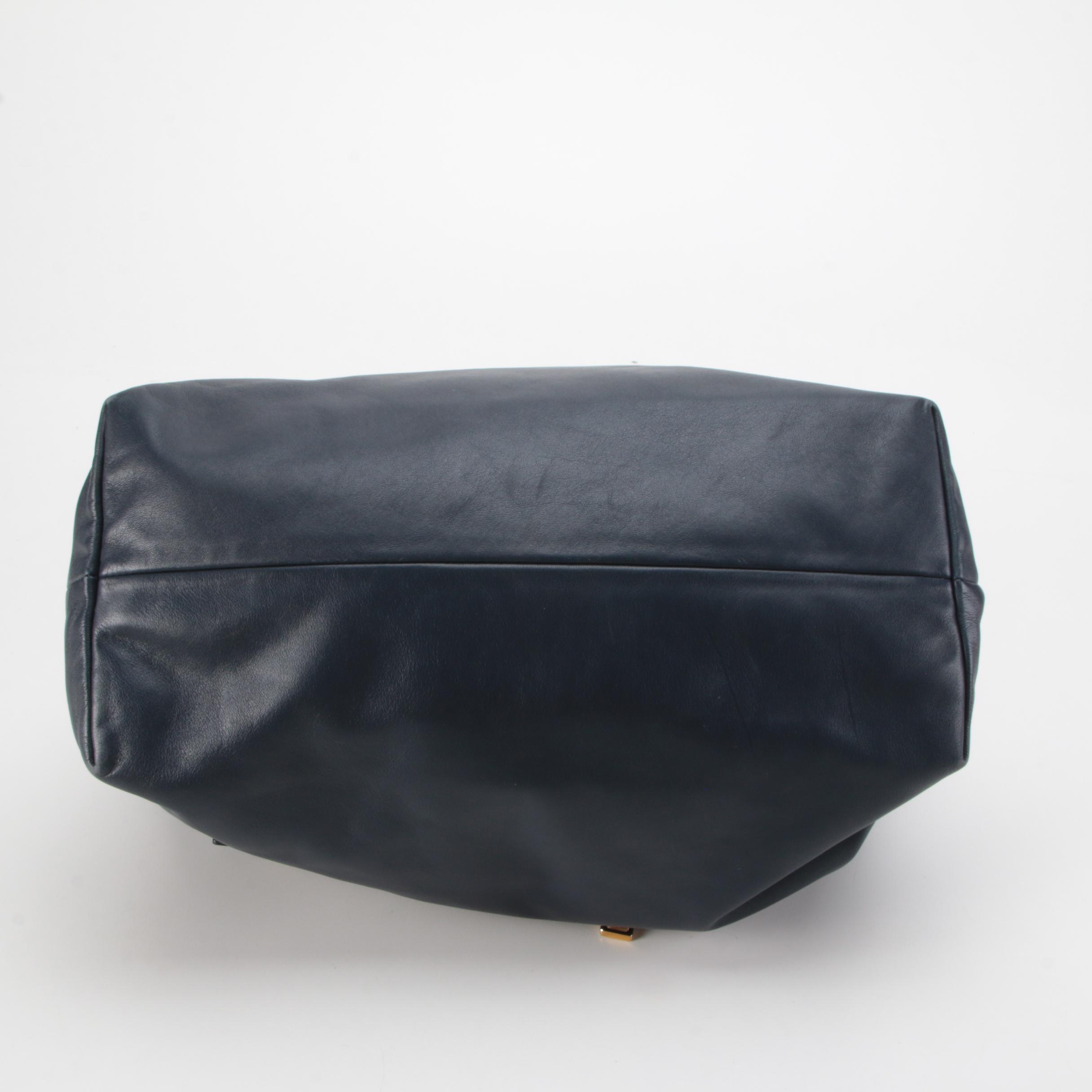 Prada Convertible Zipper Detail Tote in Blue Vitello Leather