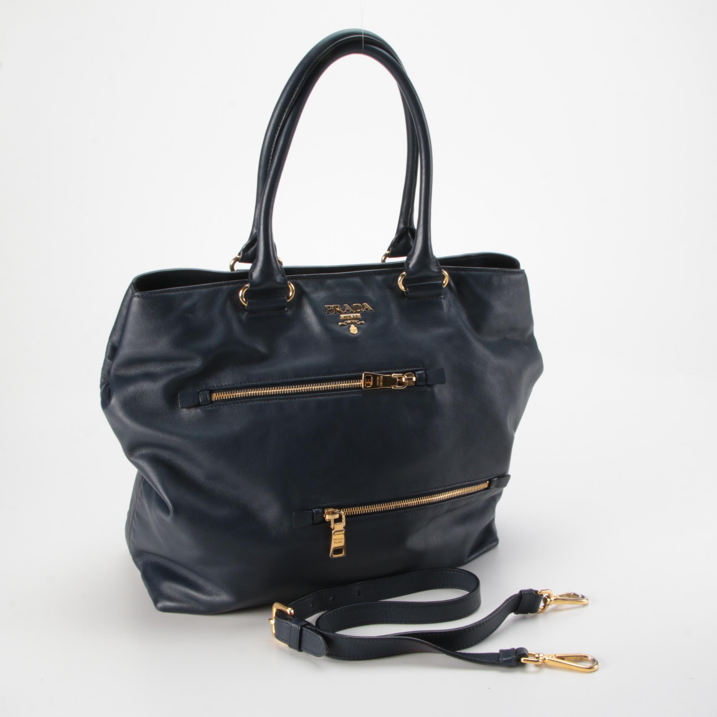 Prada Convertible Zipper Detail Tote in Blue Vitello Leather