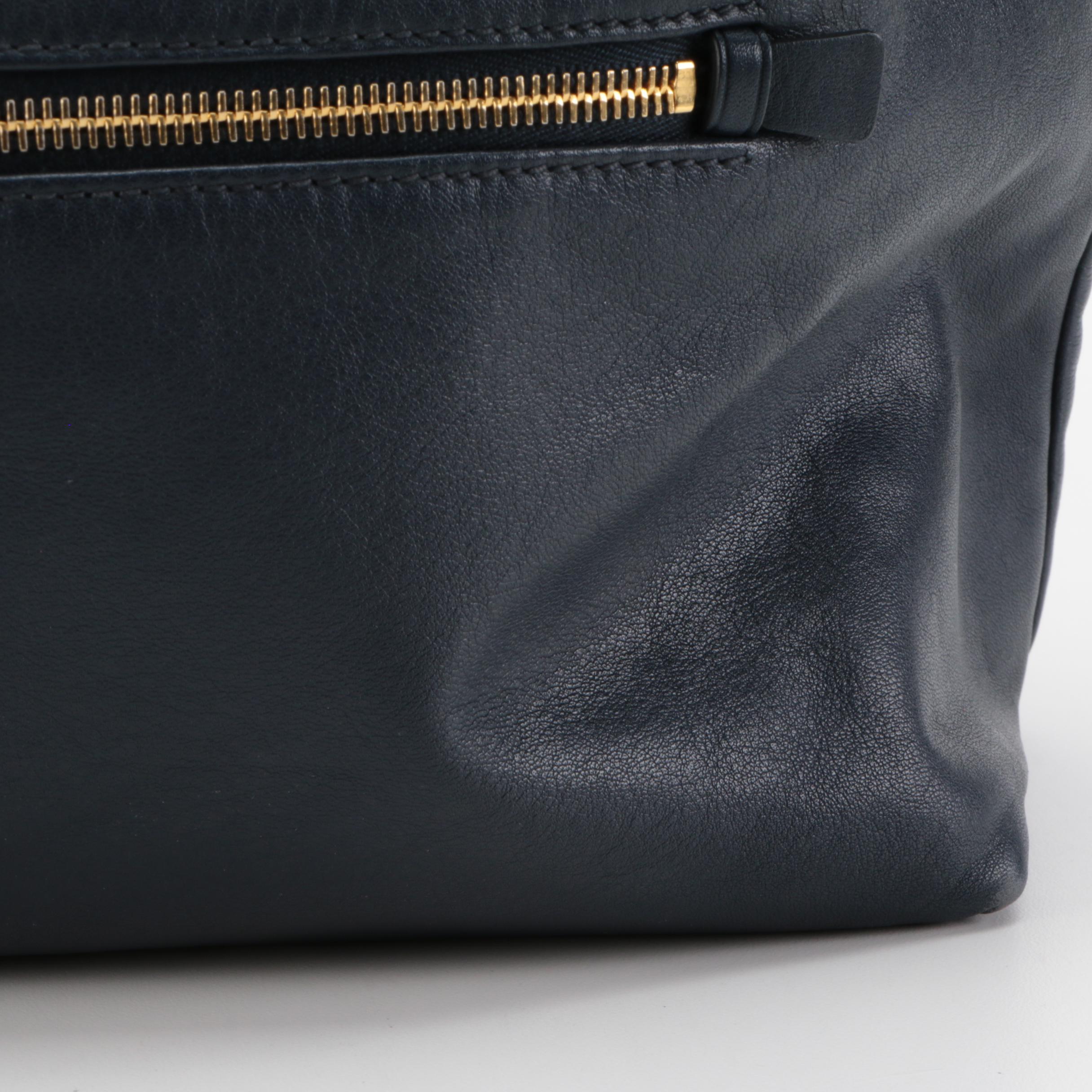 Prada Convertible Zipper Detail Tote in Blue Vitello Leather