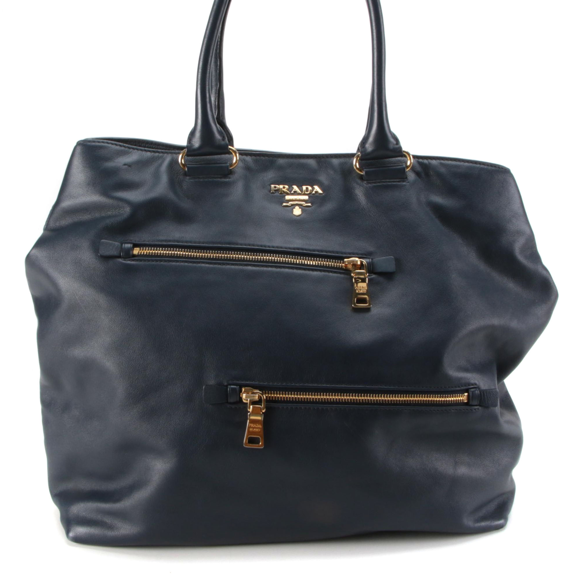 Prada Convertible Zipper Detail Tote in Blue Vitello Leather