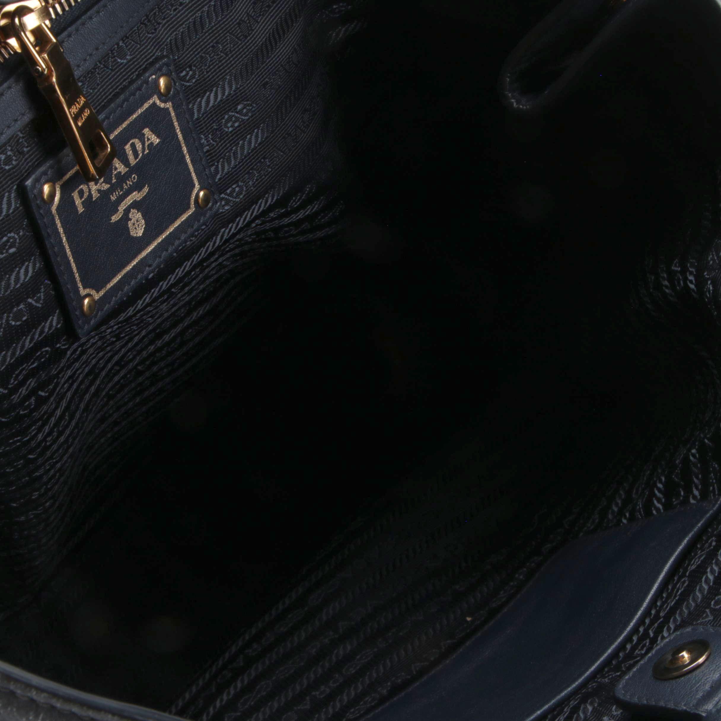 Prada Convertible Zipper Detail Tote in Blue Vitello Leather