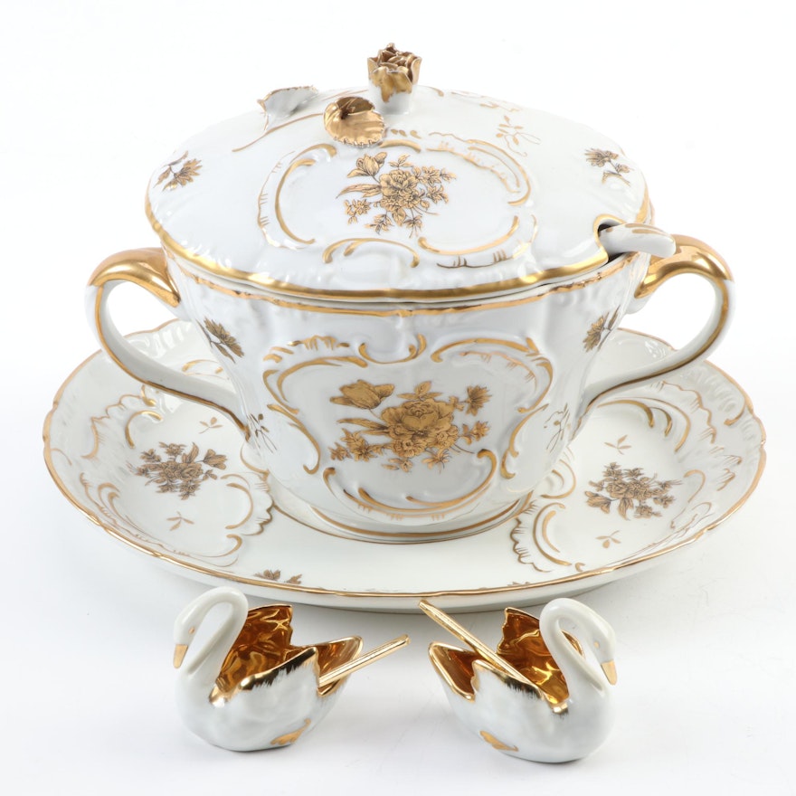 Limoges Swan Salt Cellars with Gilt Porcelain Sauce Tureen