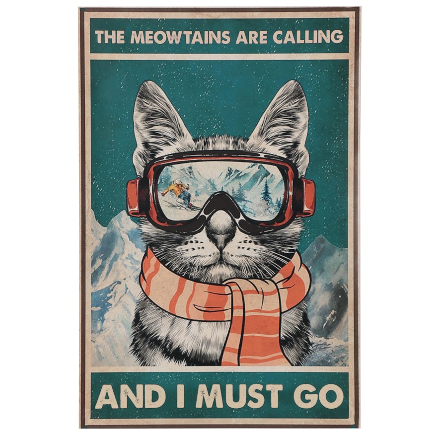 Giclée of Skiing Cat "The Meowtains Are Calling," 21st Century