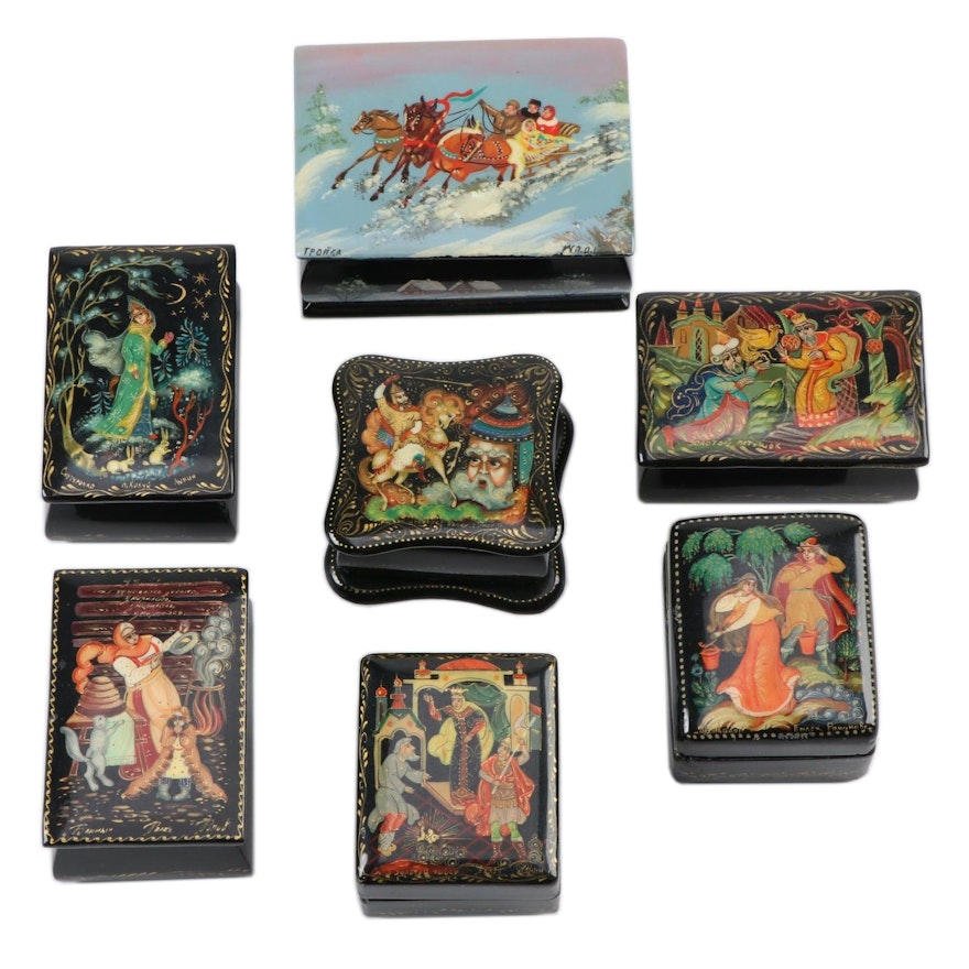 Russian Hand-Painted Fairy Tale Lacquered Boxes, Late 20th Century