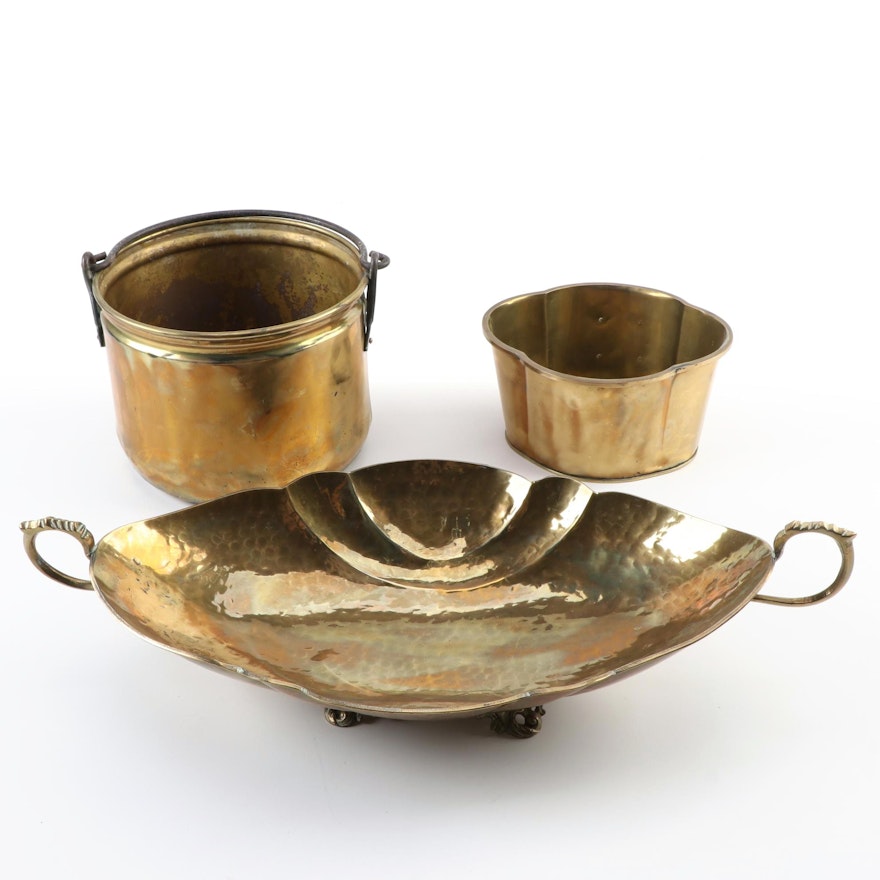 Brass Leaf Shaped Centerpiece Bowl and Other Planters, Late 20th Century