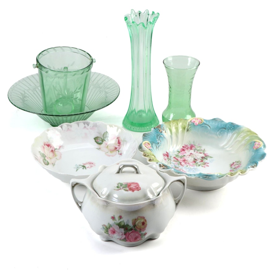 Green Depression and Other Glass with German China, Early to Mid 20th Century