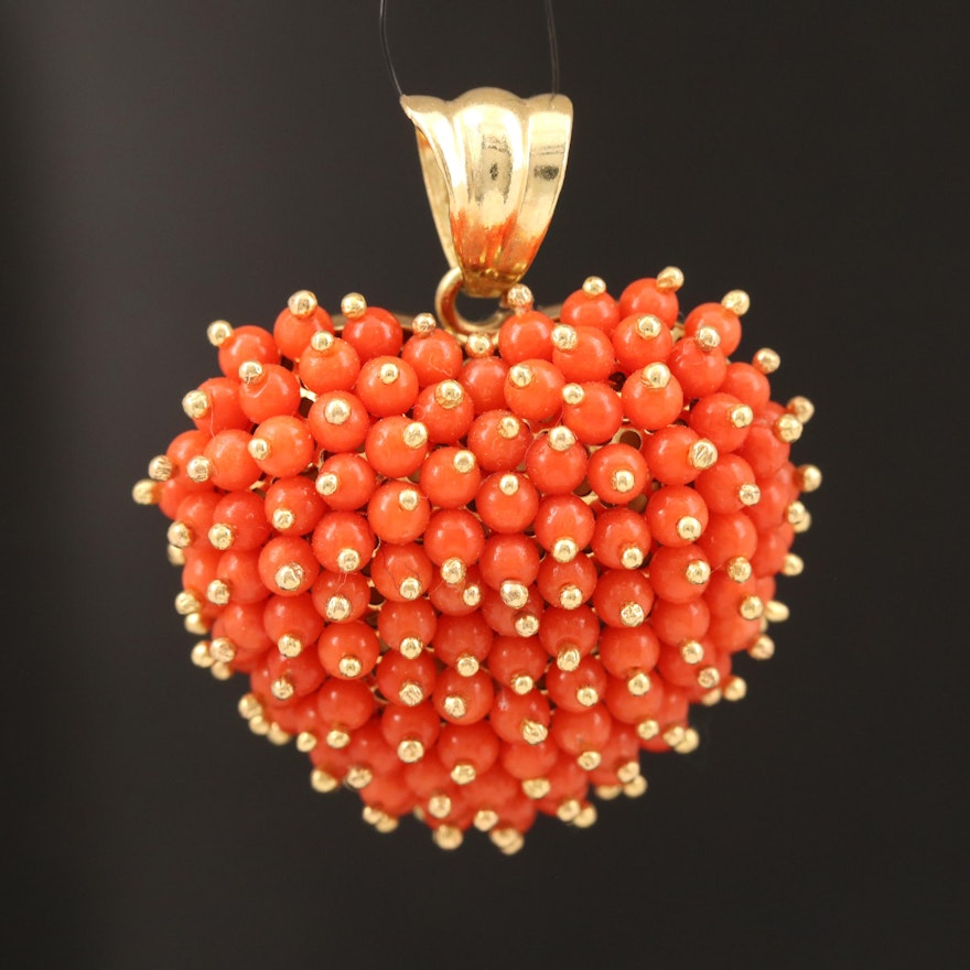 18K Coral Puffy Heart Pendant