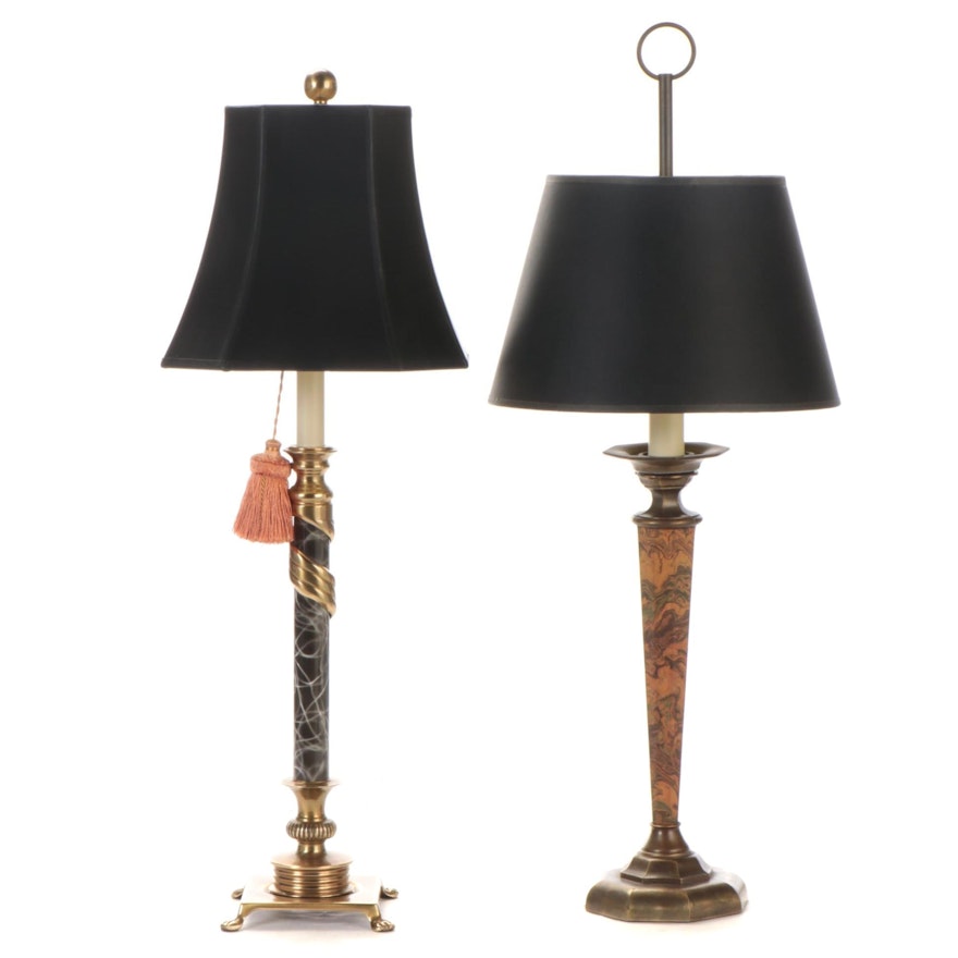 Neoclassical Style Marbleized Composite and Metal Table Lamps, Contemporary